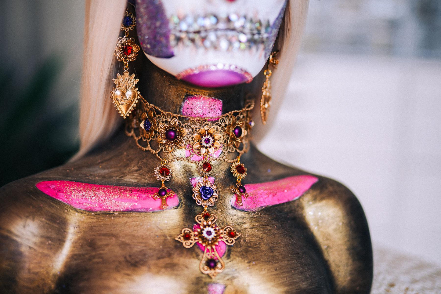 La Catrina Sacred Heart Earrings, Día de los Muertos Jewelry, Burgundy Purple Gold Catrina Statement Earrings