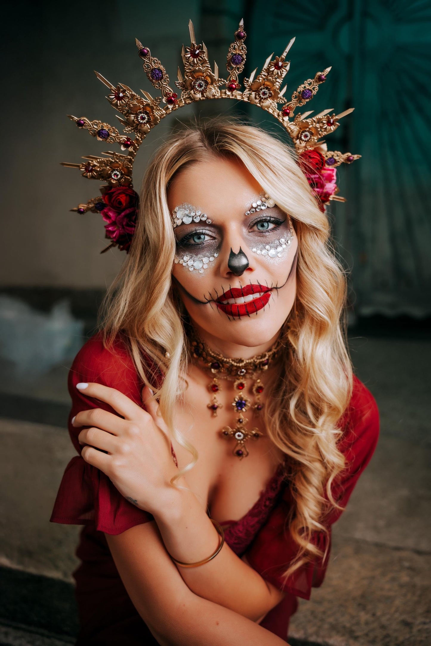 La Catrina Choker Necklace, Día de los Muertos Jewelry, Burgundy Purple Gold Sacred Heart Statement Collar
