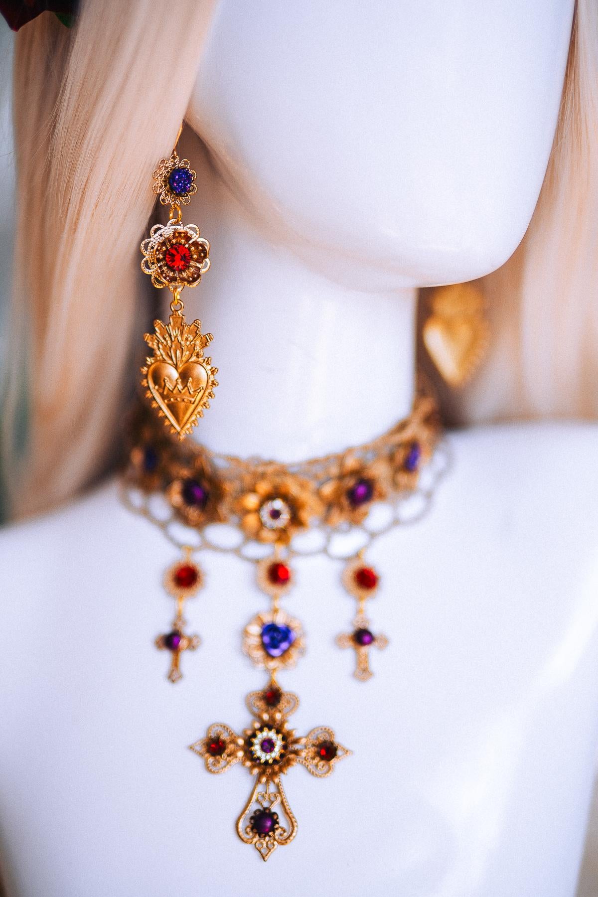 La Catrina Choker Necklace, Día de los Muertos Jewelry, Burgundy Purple Gold Sacred Heart Statement Collar