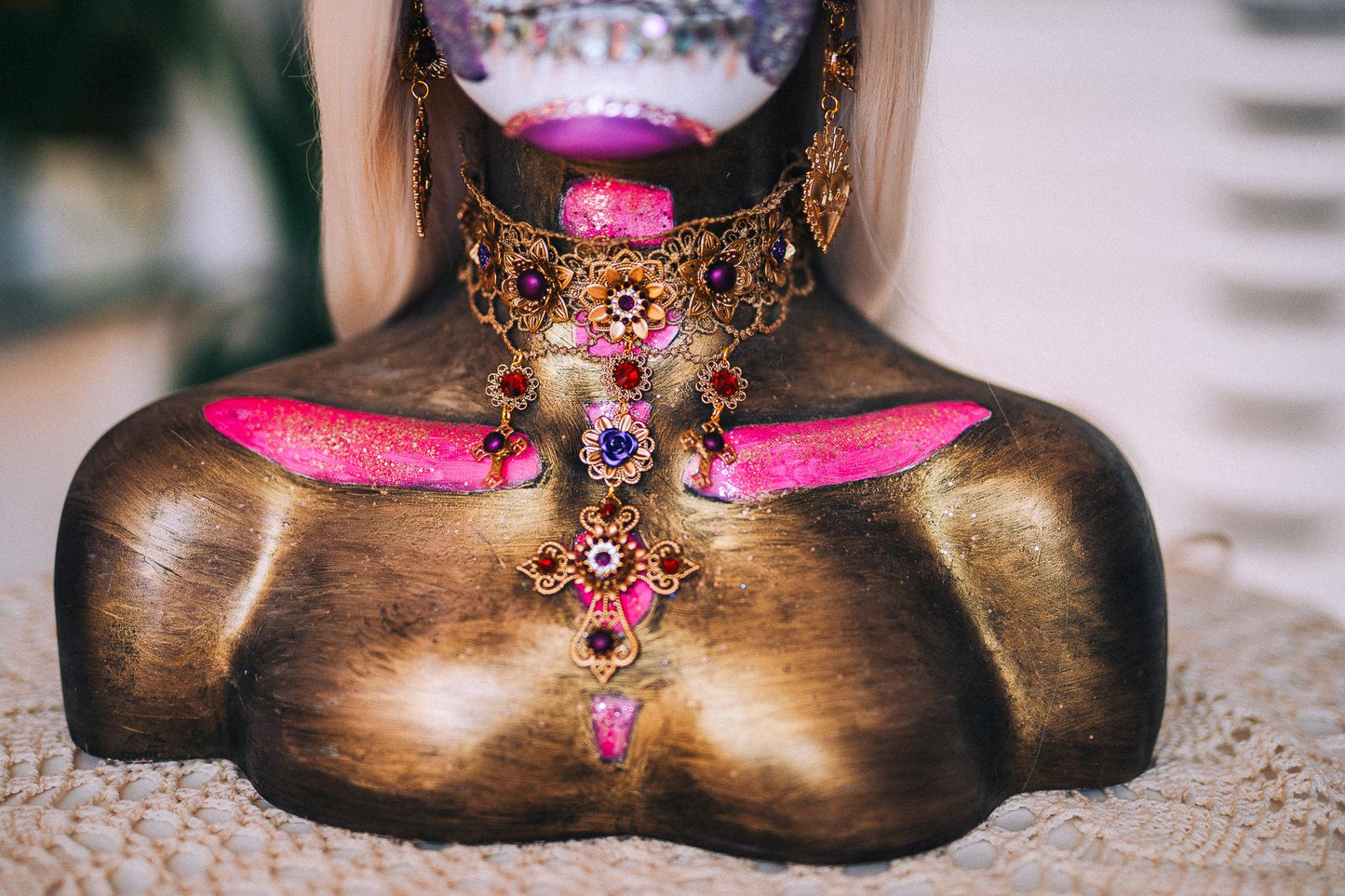 La Catrina Choker Necklace, Día de los Muertos Jewelry, Burgundy Purple Gold Sacred Heart Statement Collar