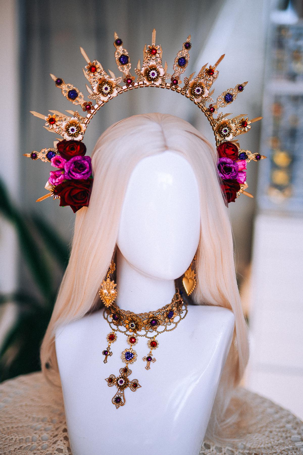 La Catrina Halo Crown, Día de los Muertos Headpiece, Burgundy Rose Gold Crown, Purple Catrina Headdress