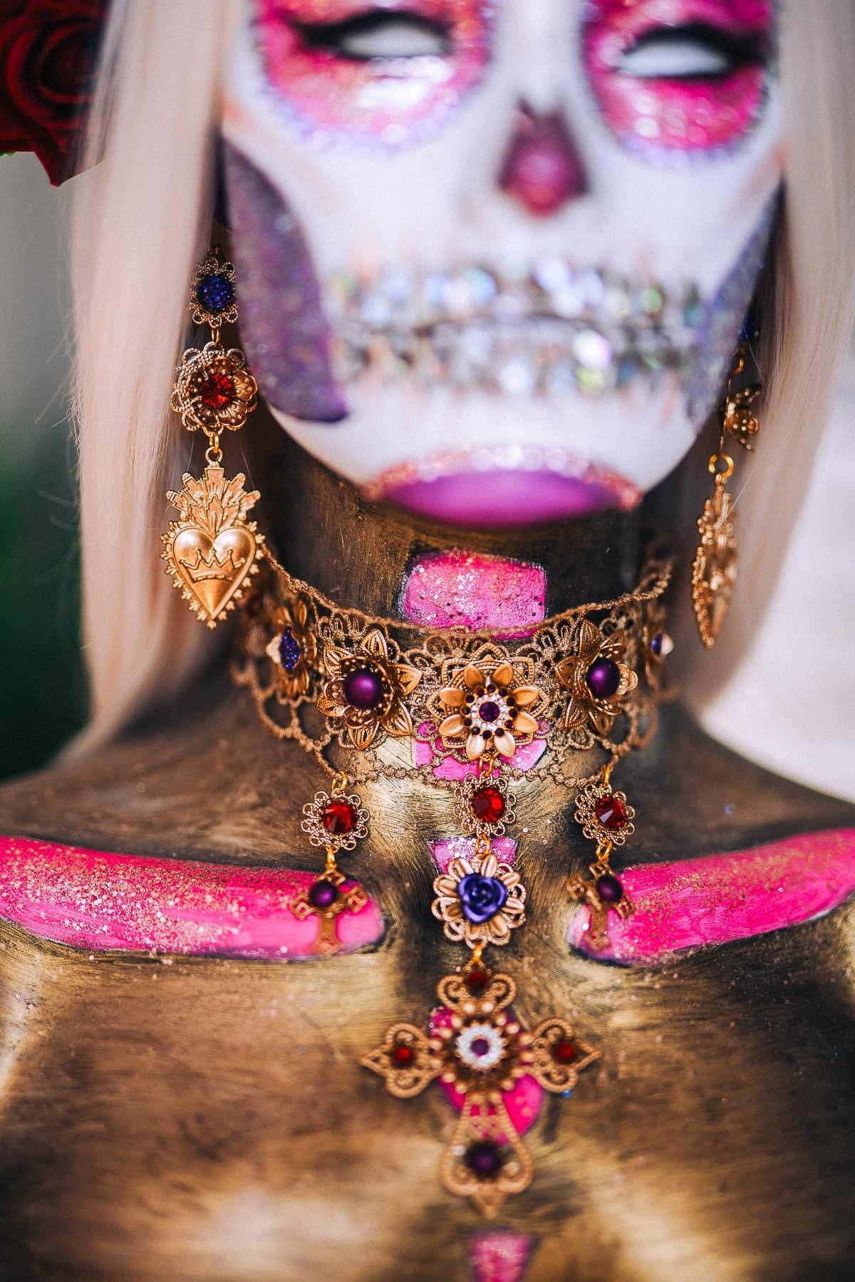 La Catrina Halo Crown, Día de los Muertos Headpiece, Burgundy Rose Gold Crown, Purple Catrina Headdress