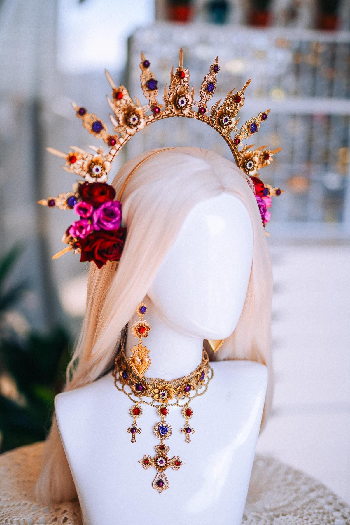 La Catrina Halo Crown, Día de los Muertos Headpiece, Burgundy Rose Gold Crown, Purple Catrina Headdress