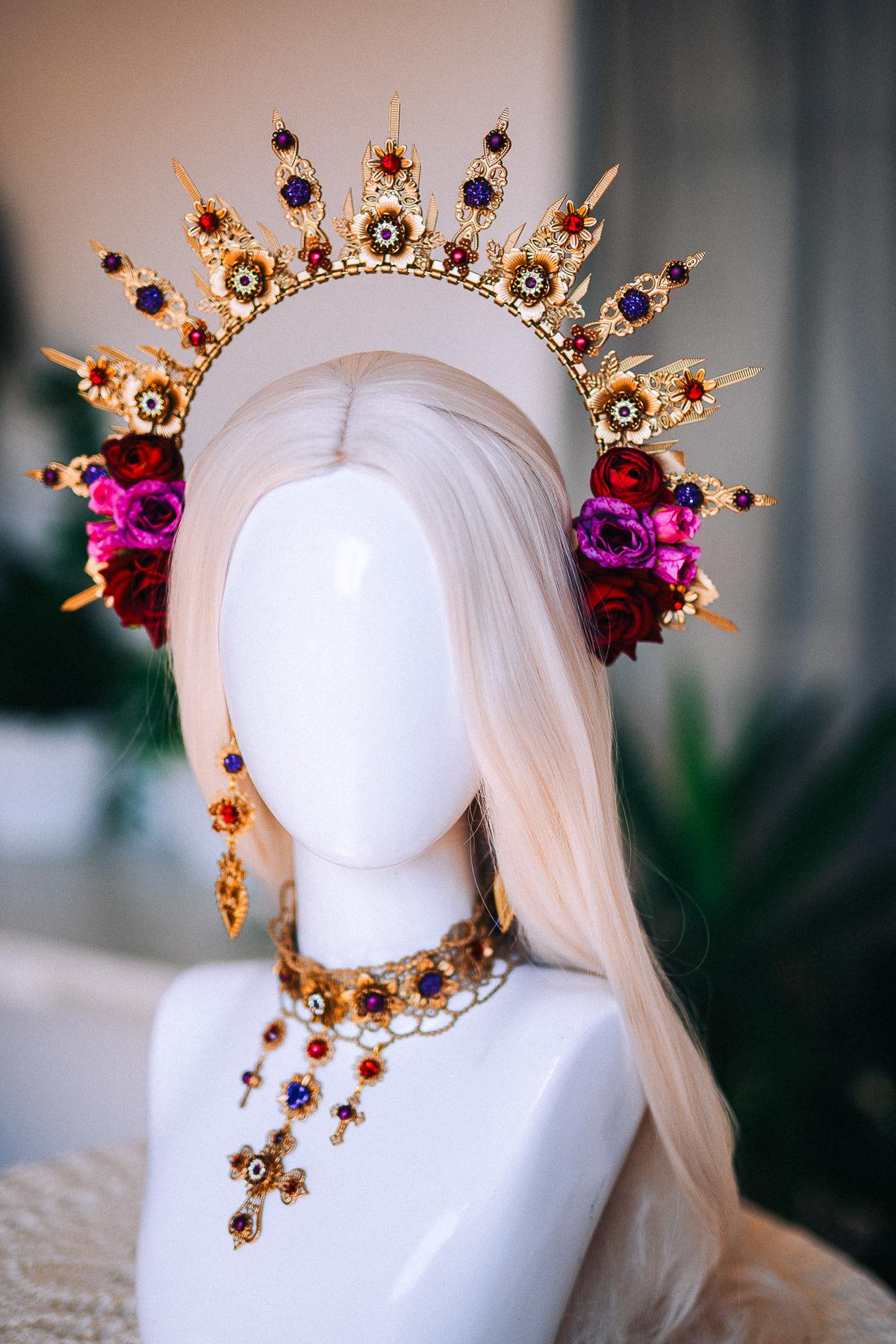 La Catrina Halo Crown, Día de los Muertos Headpiece, Burgundy Rose Gold Crown, Purple Catrina Headdress
