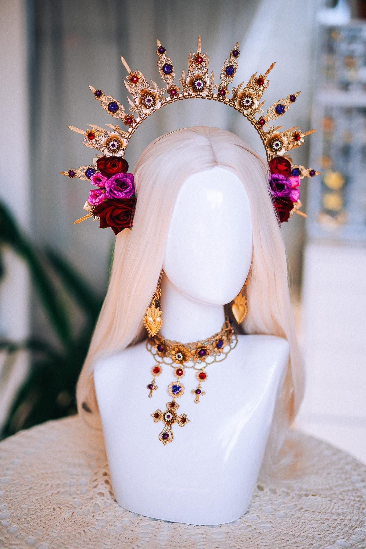 La Catrina Halo Crown, Día de los Muertos Headpiece, Burgundy Rose Gold Crown, Purple Catrina Headdress