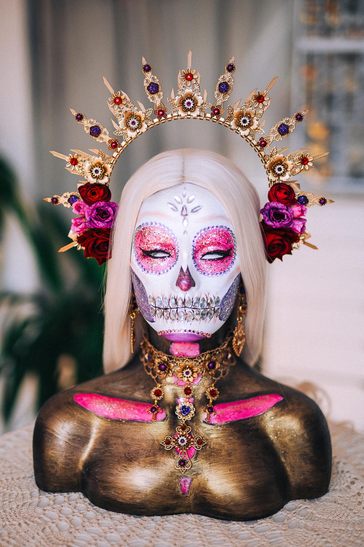 La Catrina Halo Crown, Día de los Muertos Headpiece, Burgundy Rose Gold Crown, Purple Catrina Headdress