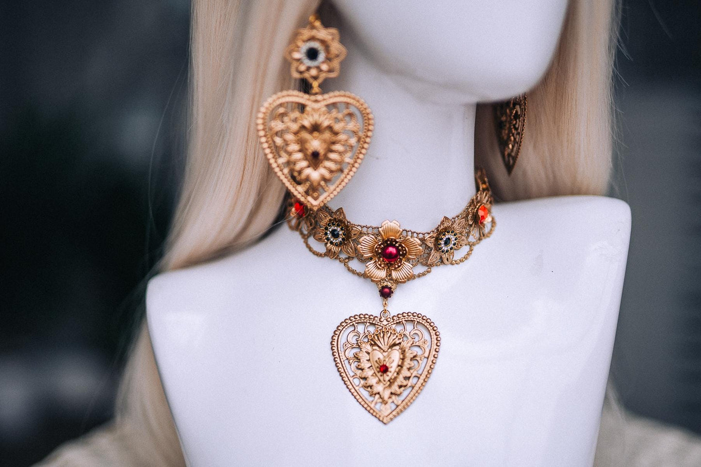 La Catrina Sacred Heart Choker, Día de los Muertos Necklace, Antique Gold Statement Jewelry, Red Catrina Necklace