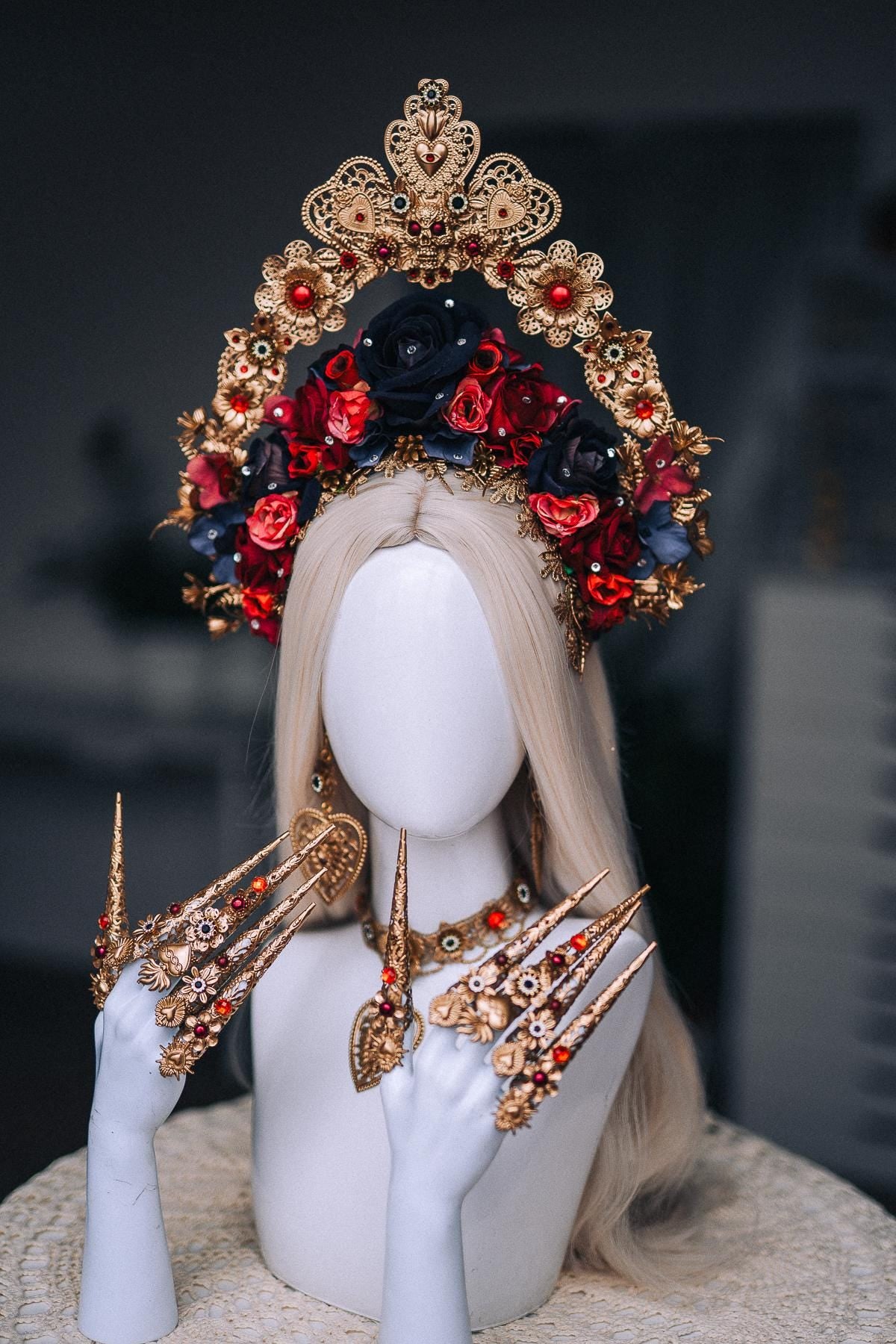 La Catrina Sacred Heart Choker, Día de los Muertos Necklace, Antique Gold Statement Jewelry, Red Catrina Necklace