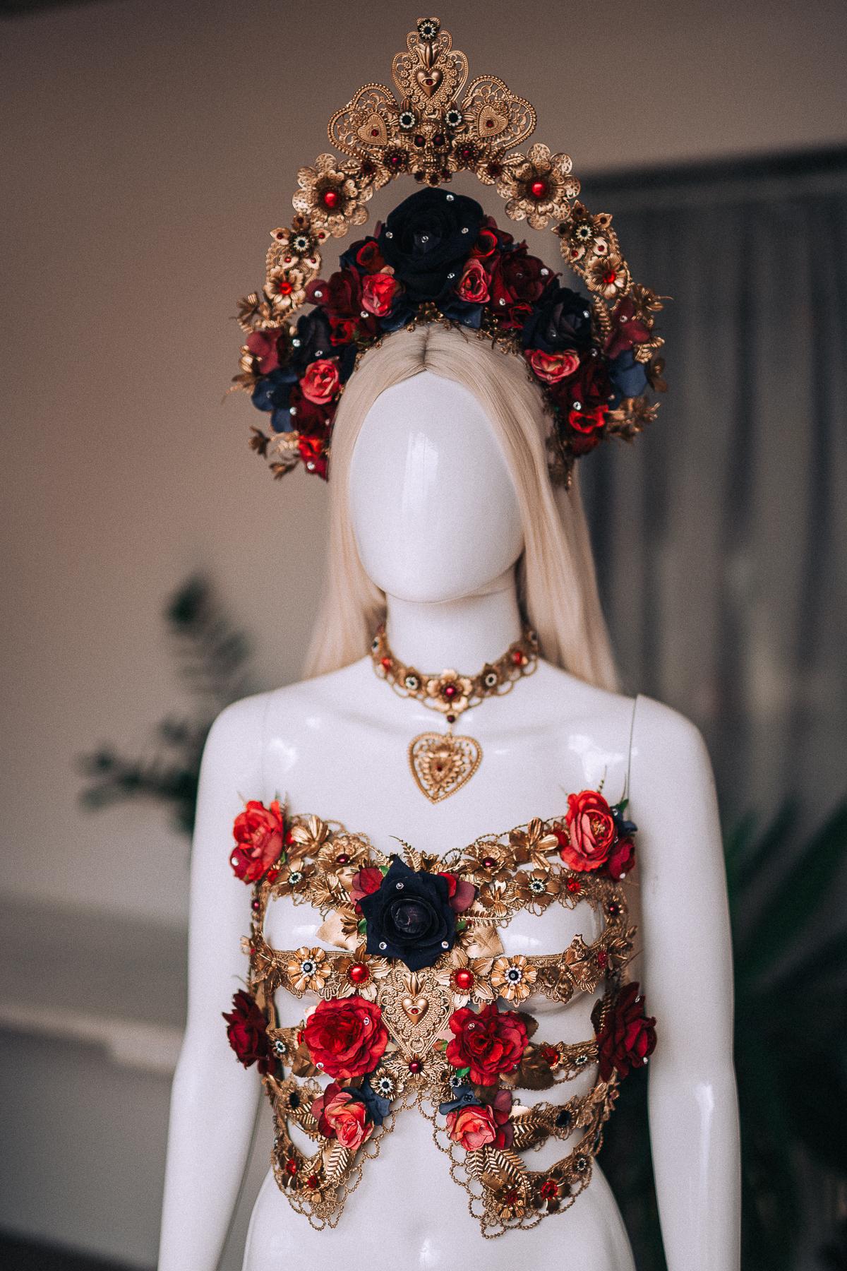 La Catrina Sacred Heart Choker, Día de los Muertos Necklace, Antique Gold Statement Jewelry, Red Catrina Necklace