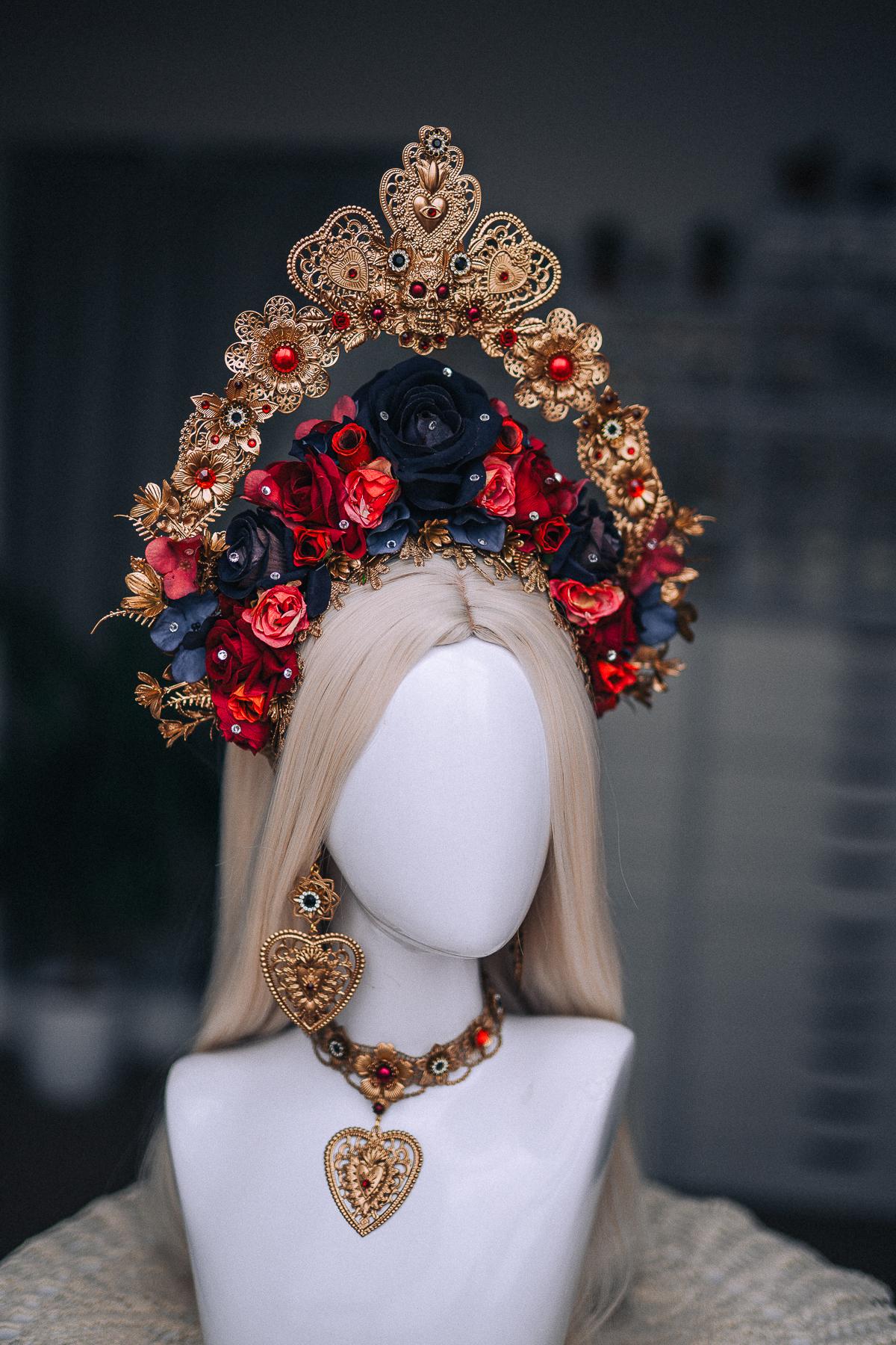 La Catrina Finger Claws, Día de los Muertos Hand Jewelry, Antique Gold Nail Claws, Red Sacred Heart Accessories