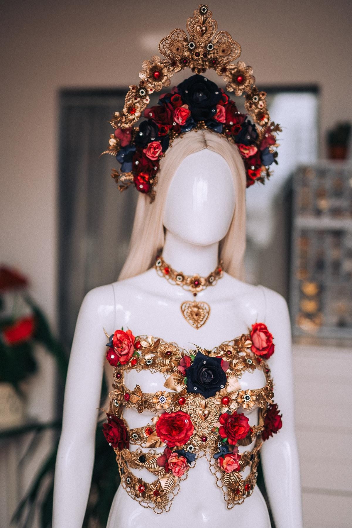La Catrina Floral Crown, Día de los Muertos Headpiece, Red Black Gold Sacred Heart Crown, Catrina Headdress