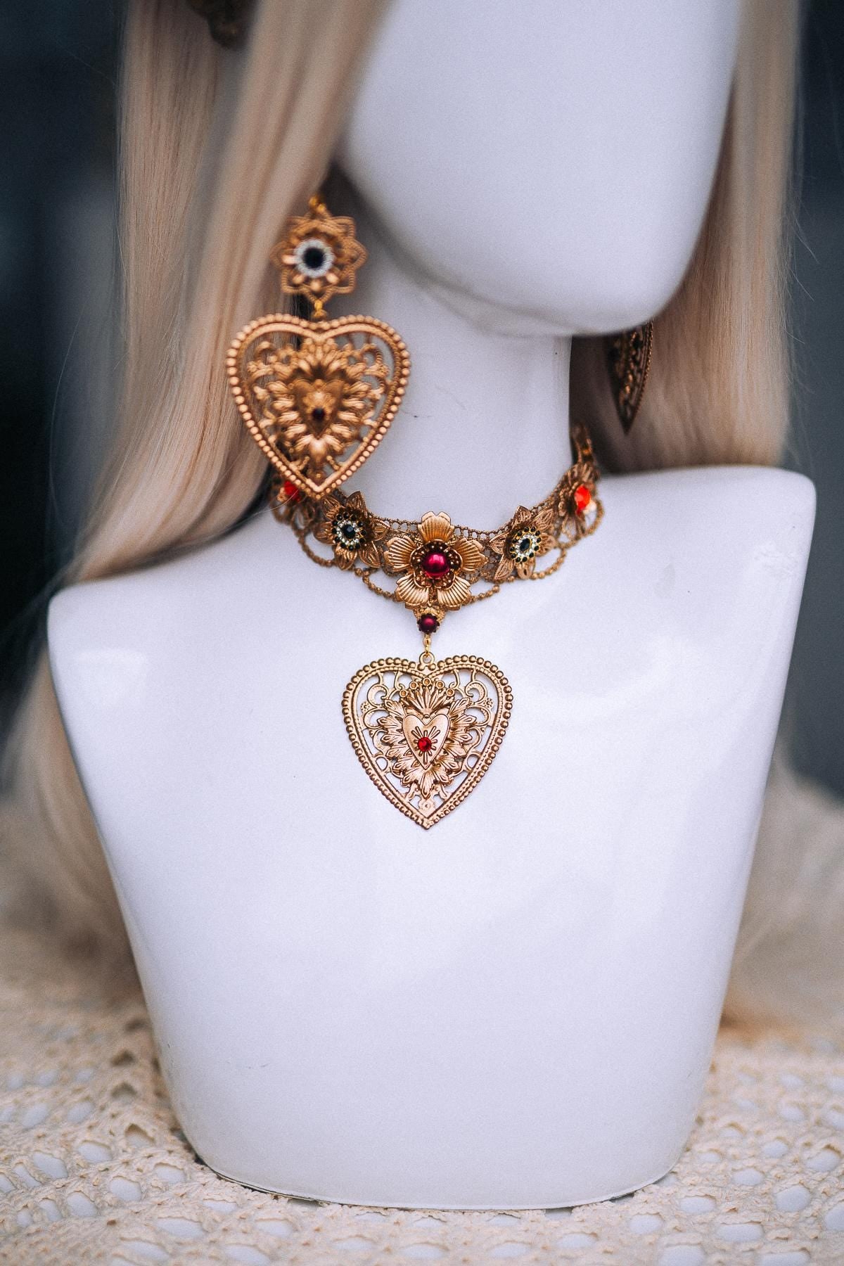 La Catrina Floral Crown, Día de los Muertos Headpiece, Red Black Gold Sacred Heart Crown, Catrina Headdress