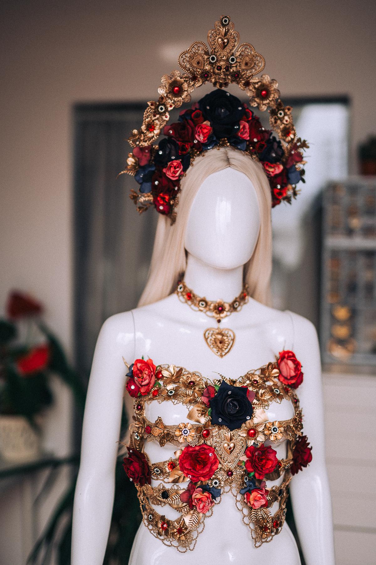 La Catrina Floral Crown, Día de los Muertos Headpiece, Red Black Gold Sacred Heart Crown, Catrina Headdress