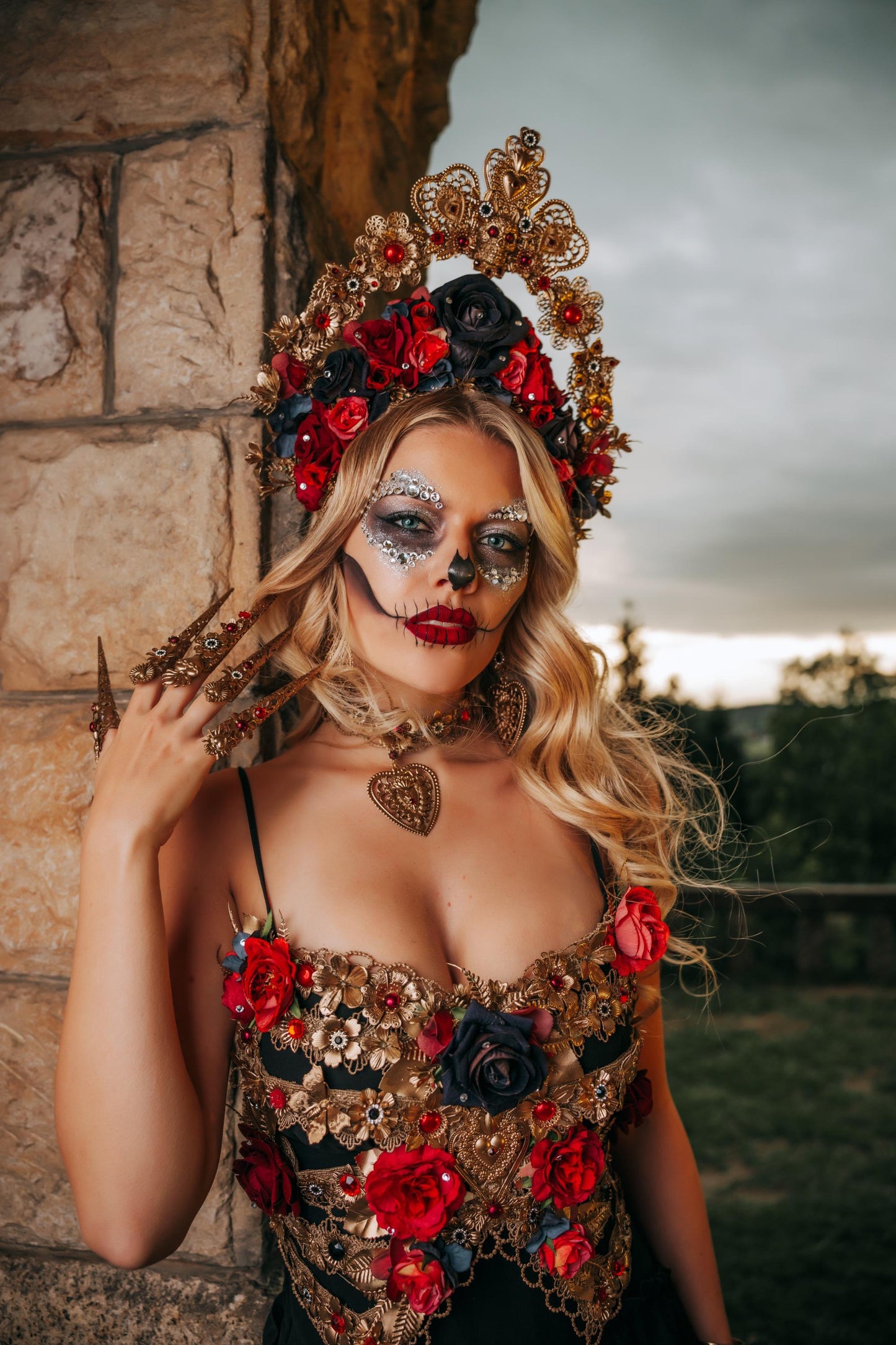 La Catrina Floral Crown, Día de los Muertos Headpiece, Red Black Gold Sacred Heart Crown, Catrina Headdress
