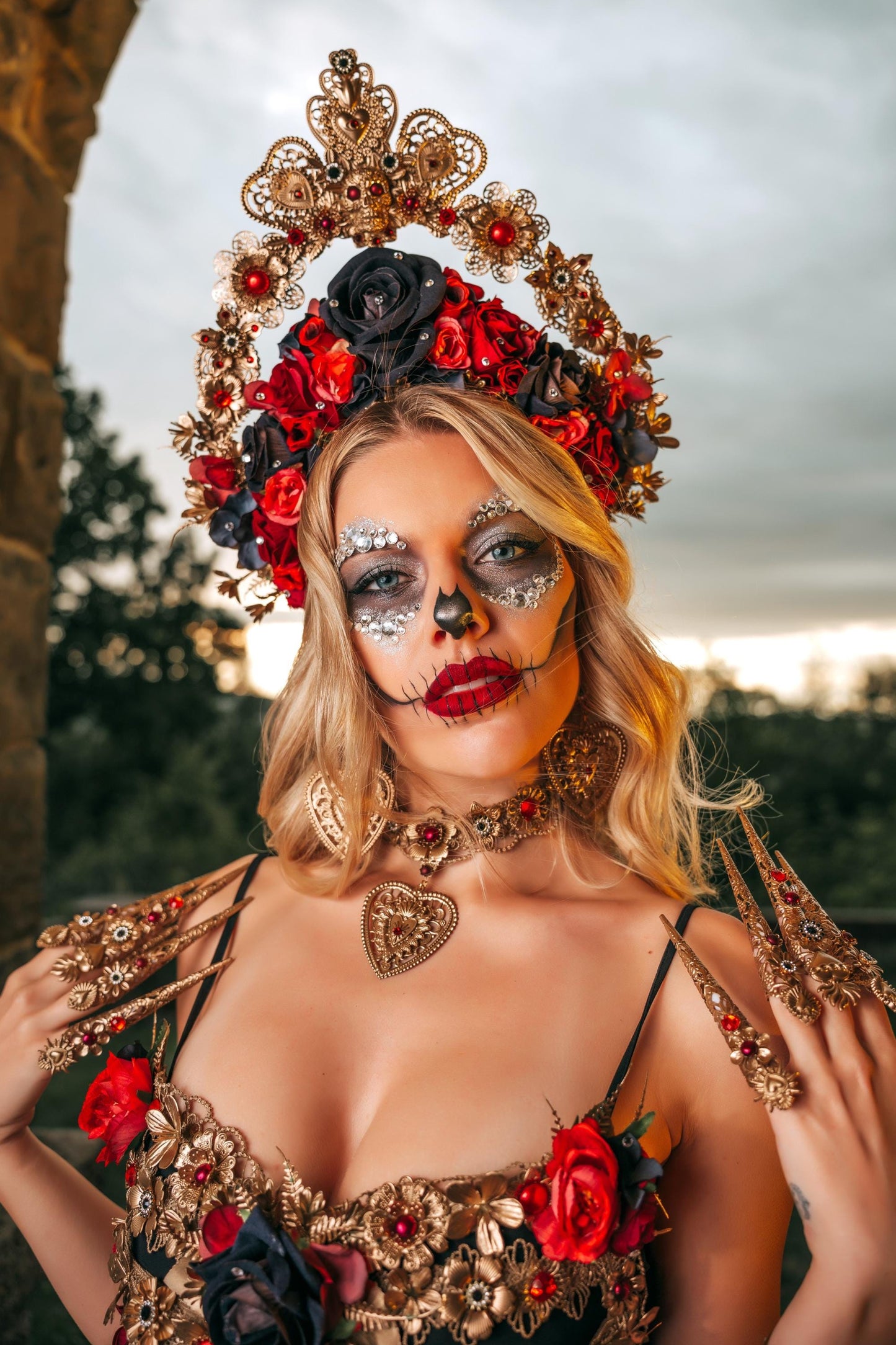 La Catrina Rib Corset, Día de los Muertos Body Jewelry, Gold Skeleton Rib Cage, Red Black Sacred Heart Body Piece