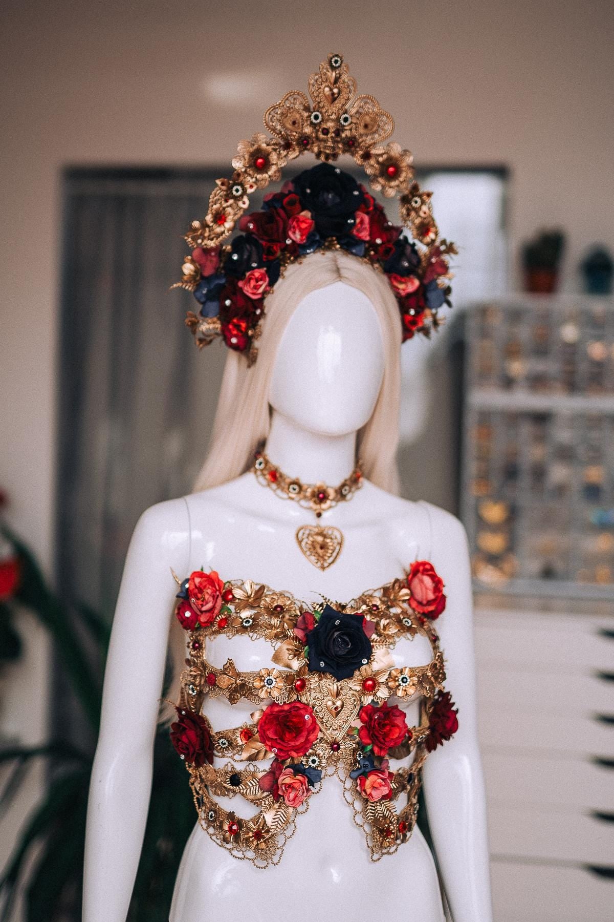 La Catrina Rib Corset, Día de los Muertos Body Jewelry, Gold Skeleton Rib Cage, Red Black Sacred Heart Body Piece