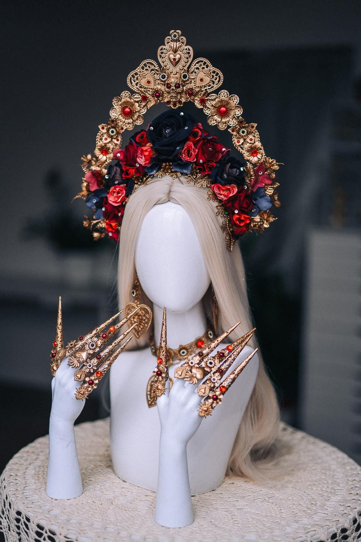 La Catrina Rib Corset, Día de los Muertos Body Jewelry, Gold Skeleton Rib Cage, Red Black Sacred Heart Body Piece