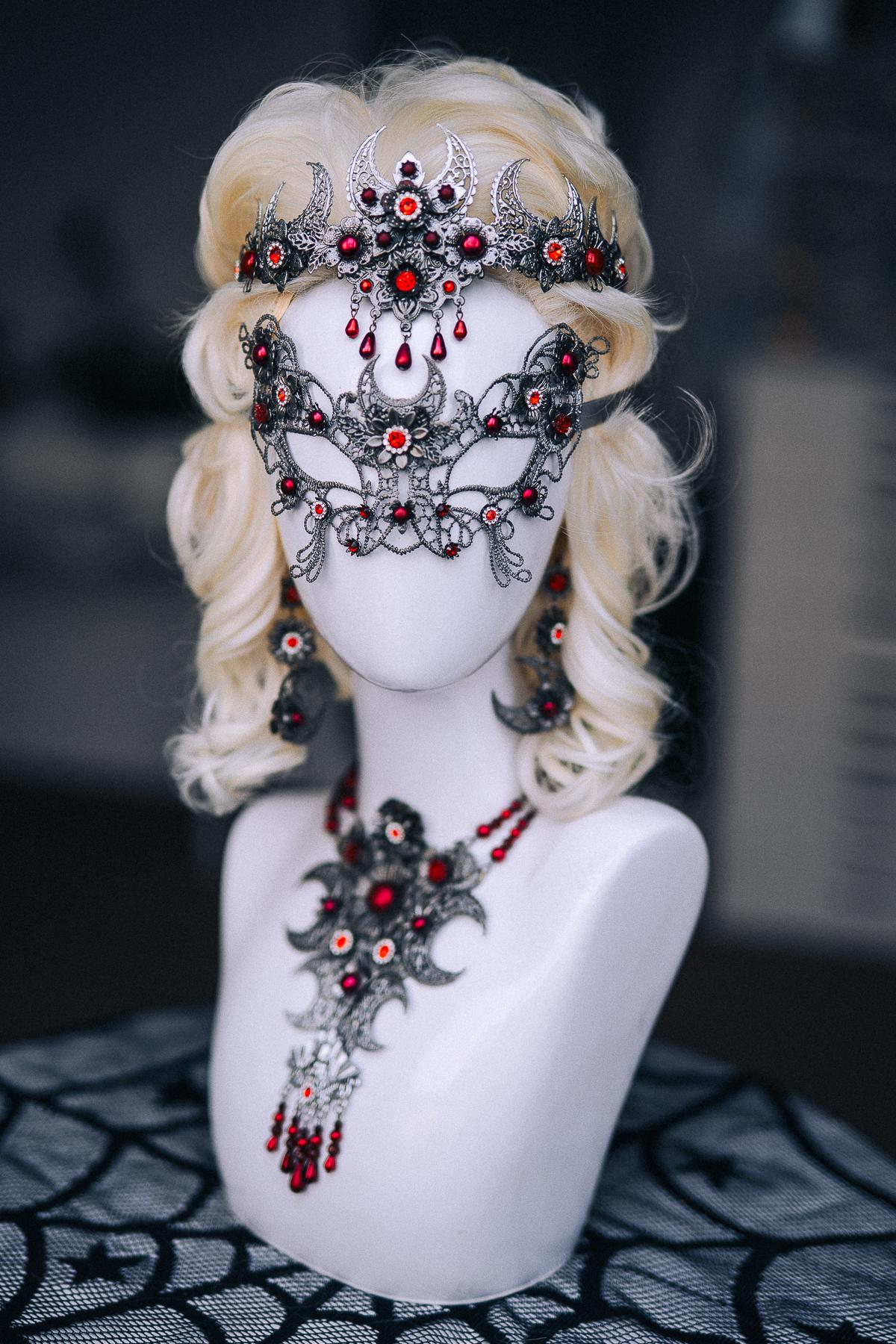 Vampire Necklace, Gothic Crescent Moon Statement Necklace, Red Vampire Jewelry, Halloween Costume Accessory