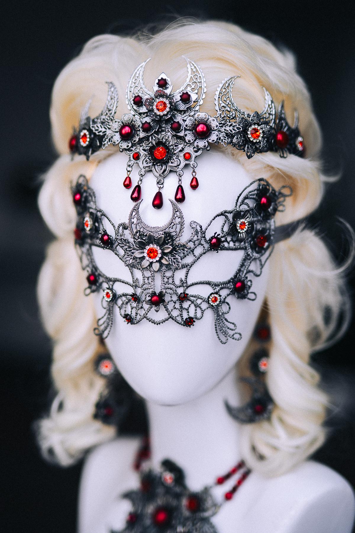 Vampire Masquerade Mask, Gothic Silver and Red Mask, Crescent Moon Vampire Mask, Halloween Costume Accessory