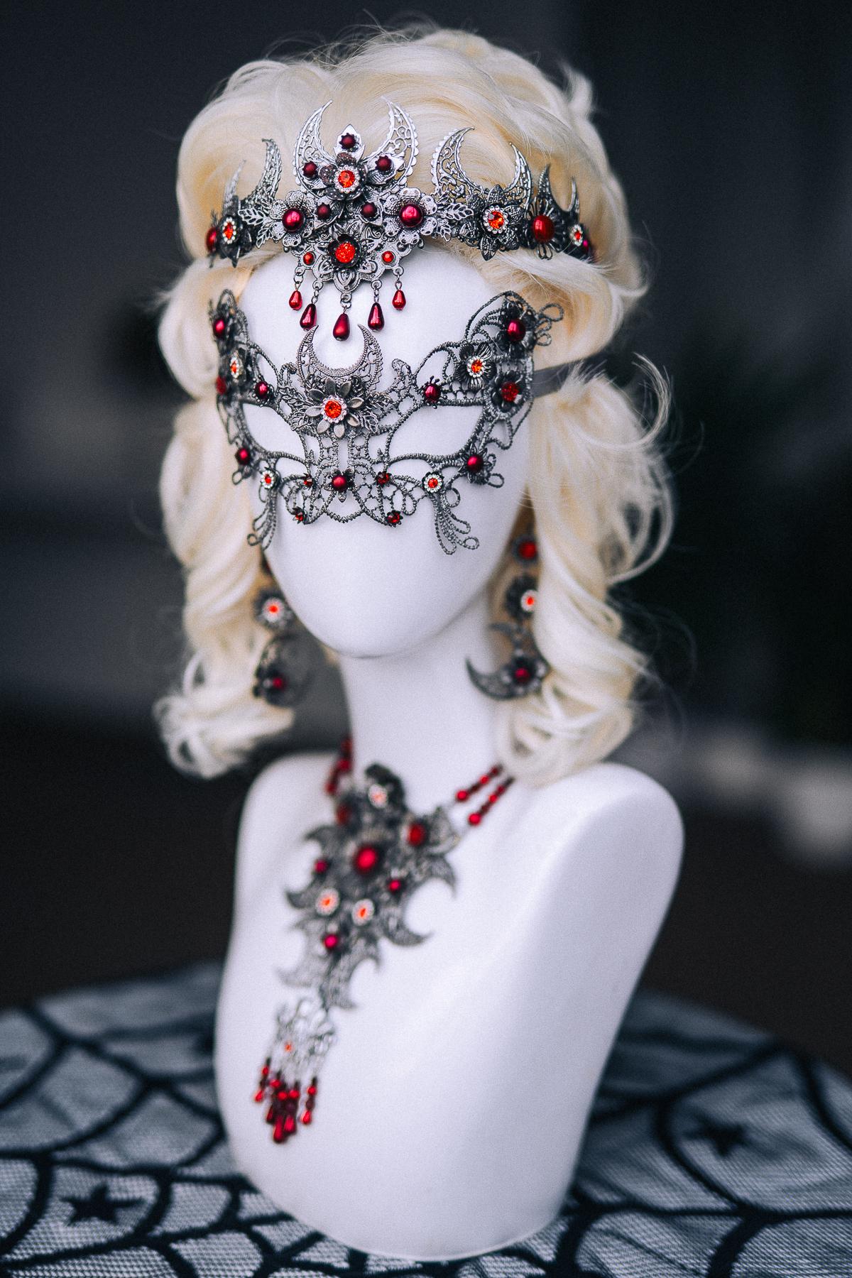 Vampire Masquerade Mask, Gothic Silver and Red Mask, Crescent Moon Vampire Mask, Halloween Costume Accessory