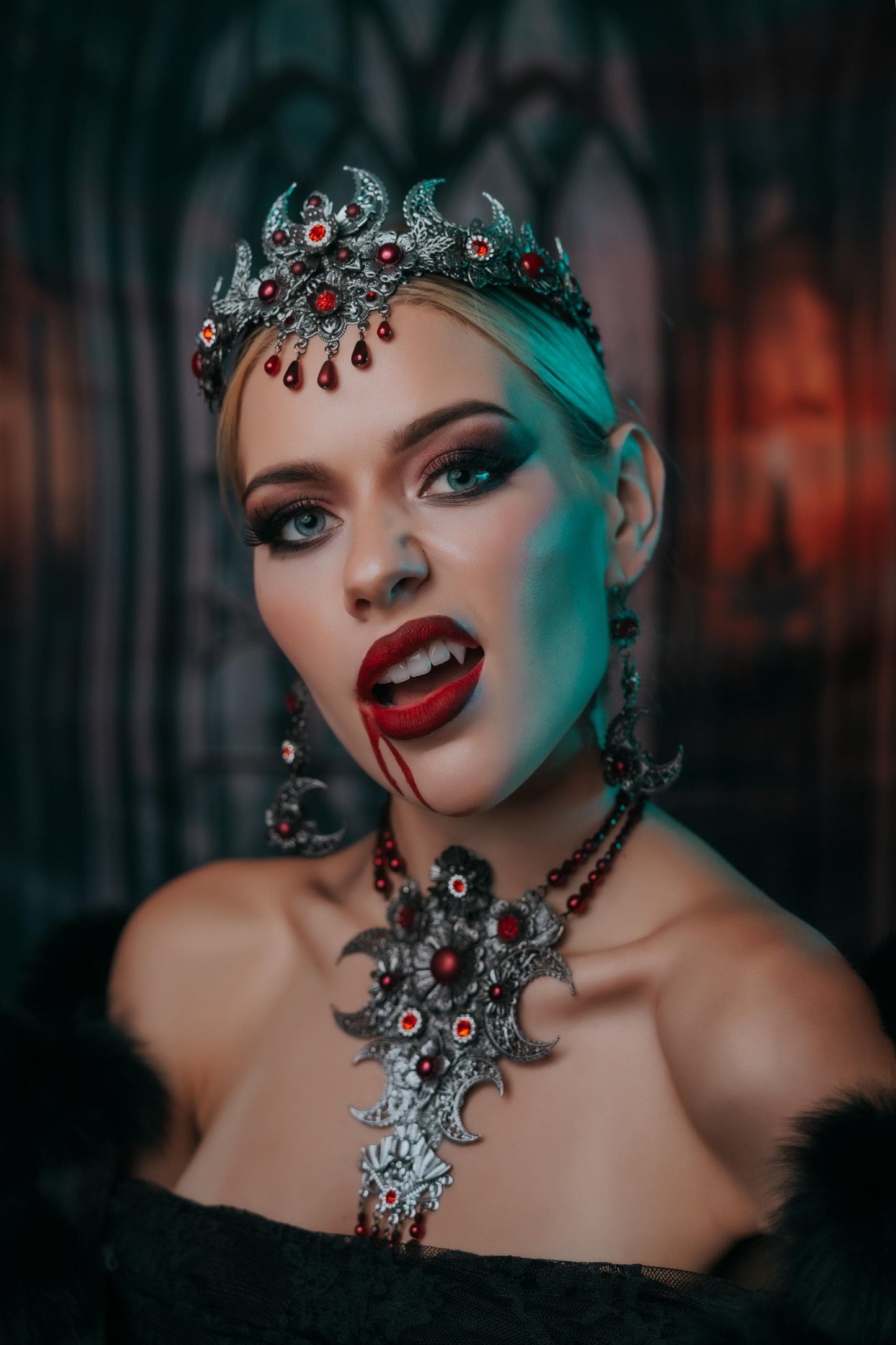 Vampire Queen Crown, Gothic Crescent Moon Crown, Red and Silver Headpiece, Halloween Vampire Costume