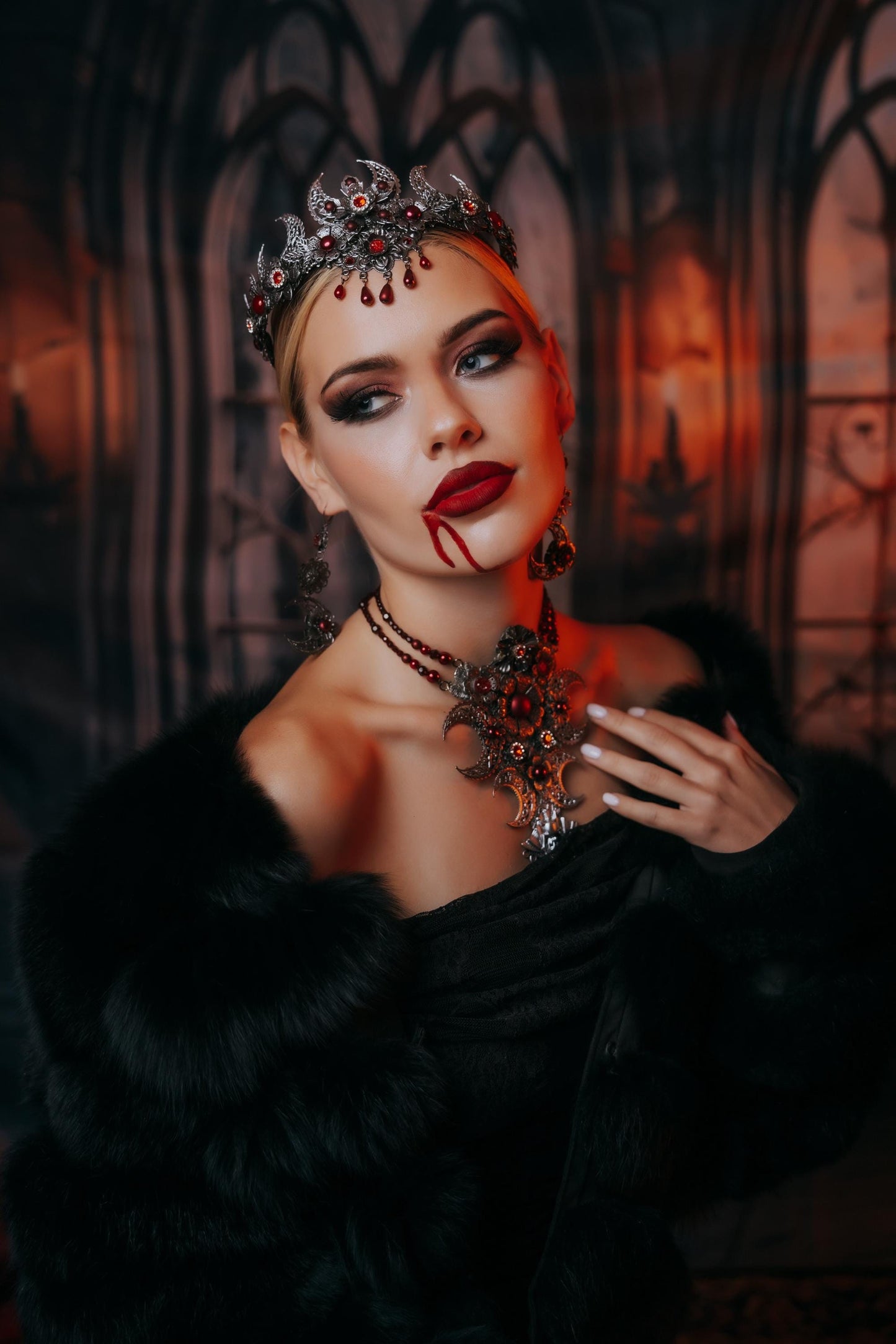 Vampire Queen Crown, Gothic Crescent Moon Crown, Red and Silver Headpiece, Halloween Vampire Costume