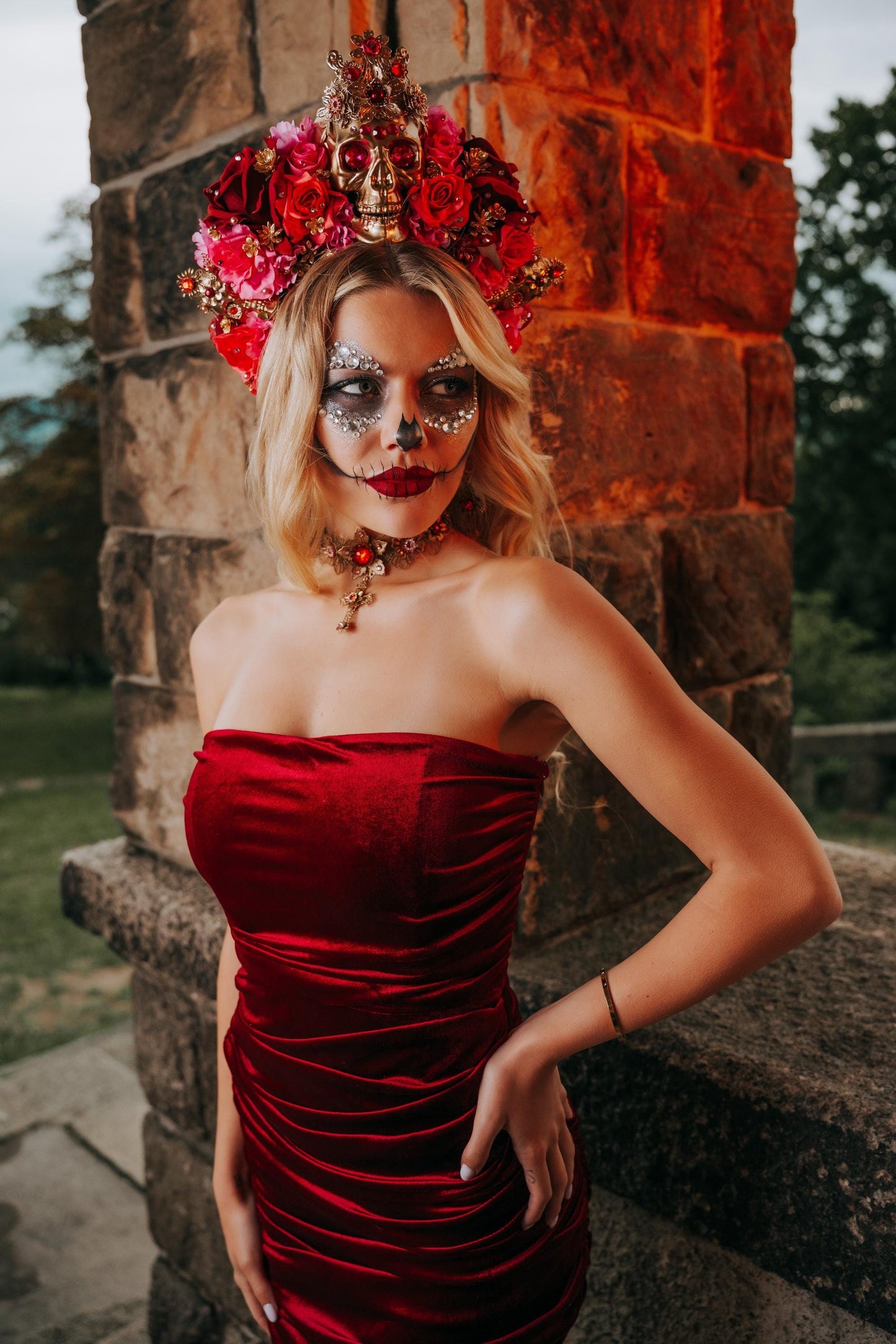 La Catrina Sacred Heart Earrings, Día de los Muertos Jewelry, Antique Gold Red Statement Earrings, Catrina Accessories