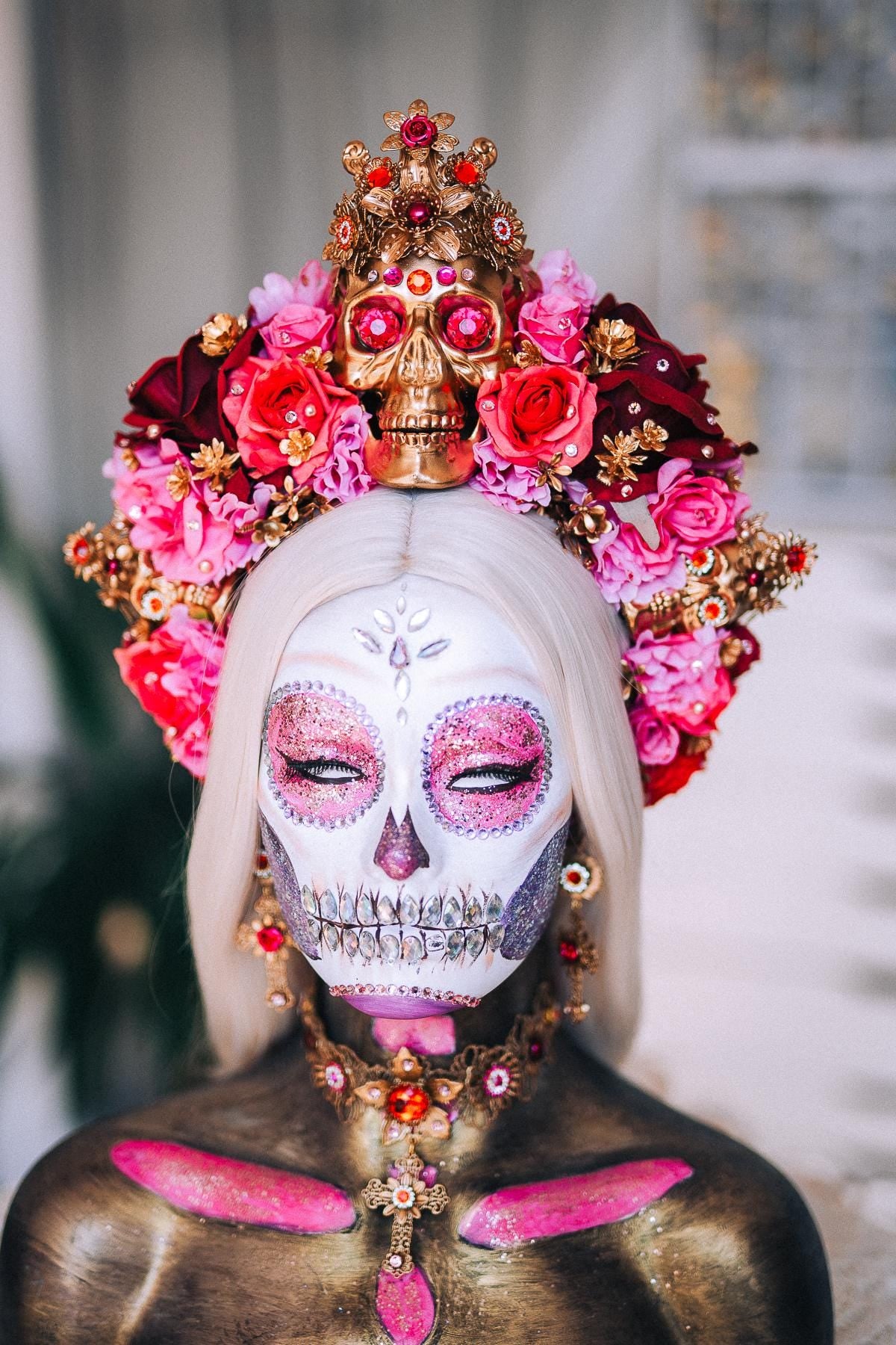 La Catrina Sacred Heart Earrings, Día de los Muertos Jewelry, Antique Gold Red Statement Earrings, Catrina Accessories