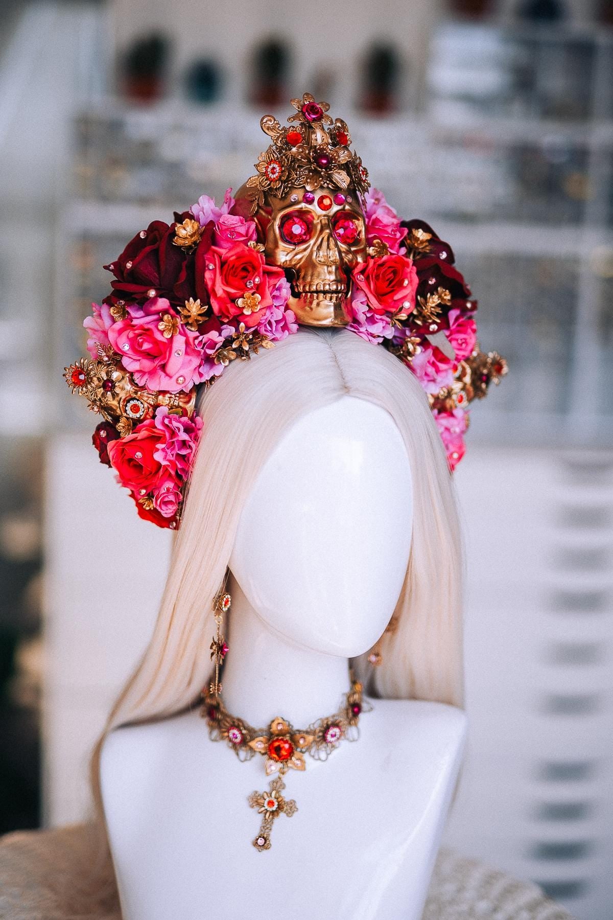 La Catrina Sacred Heart Earrings, Día de los Muertos Jewelry, Antique Gold Red Statement Earrings, Catrina Accessories