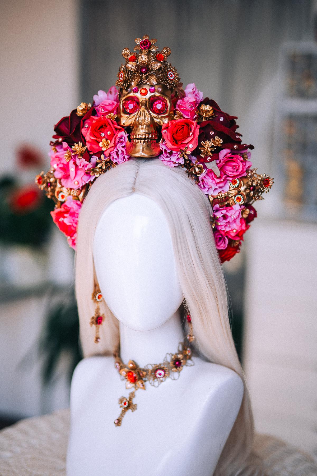 La Catrina Sacred Heart Earrings, Día de los Muertos Jewelry, Antique Gold Red Statement Earrings, Catrina Accessories