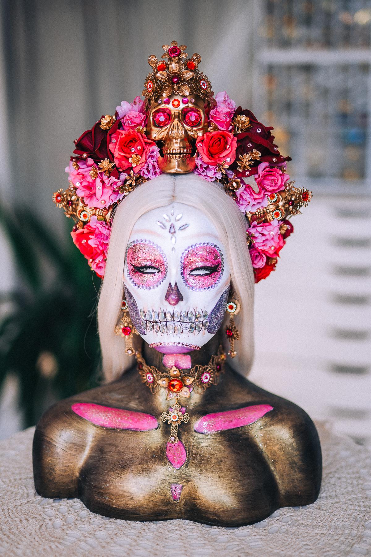 La Catrina Sacred Heart Earrings, Día de los Muertos Jewelry, Antique Gold Red Statement Earrings, Catrina Accessories