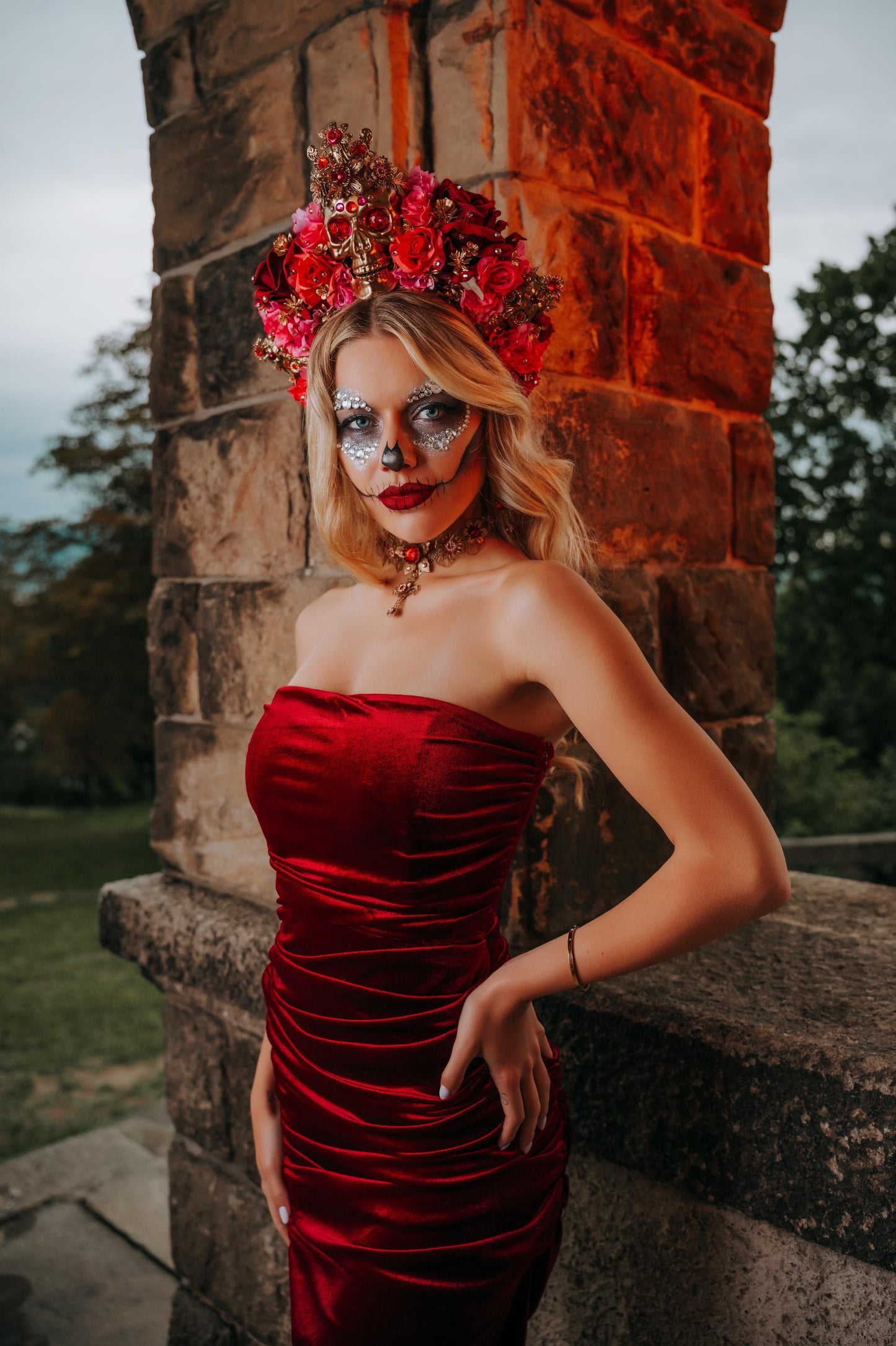 La Catrina Choker Necklace, Día de los Muertos Jewelry, Antique Gold Red Statement Choker, Sacred Heart Catrina Necklace