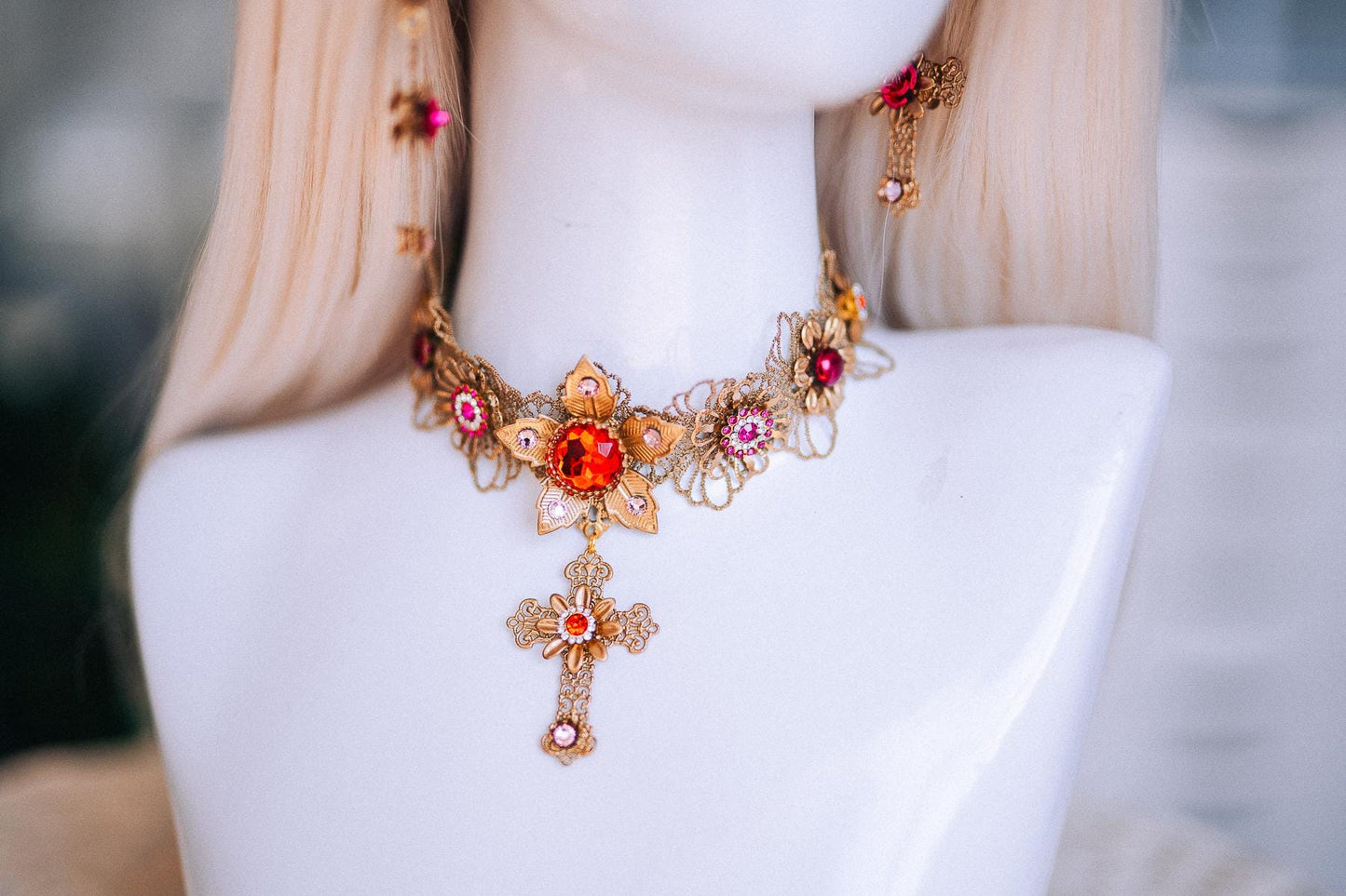 La Catrina Choker Necklace, Día de los Muertos Jewelry, Antique Gold Red Statement Choker, Sacred Heart Catrina Necklace