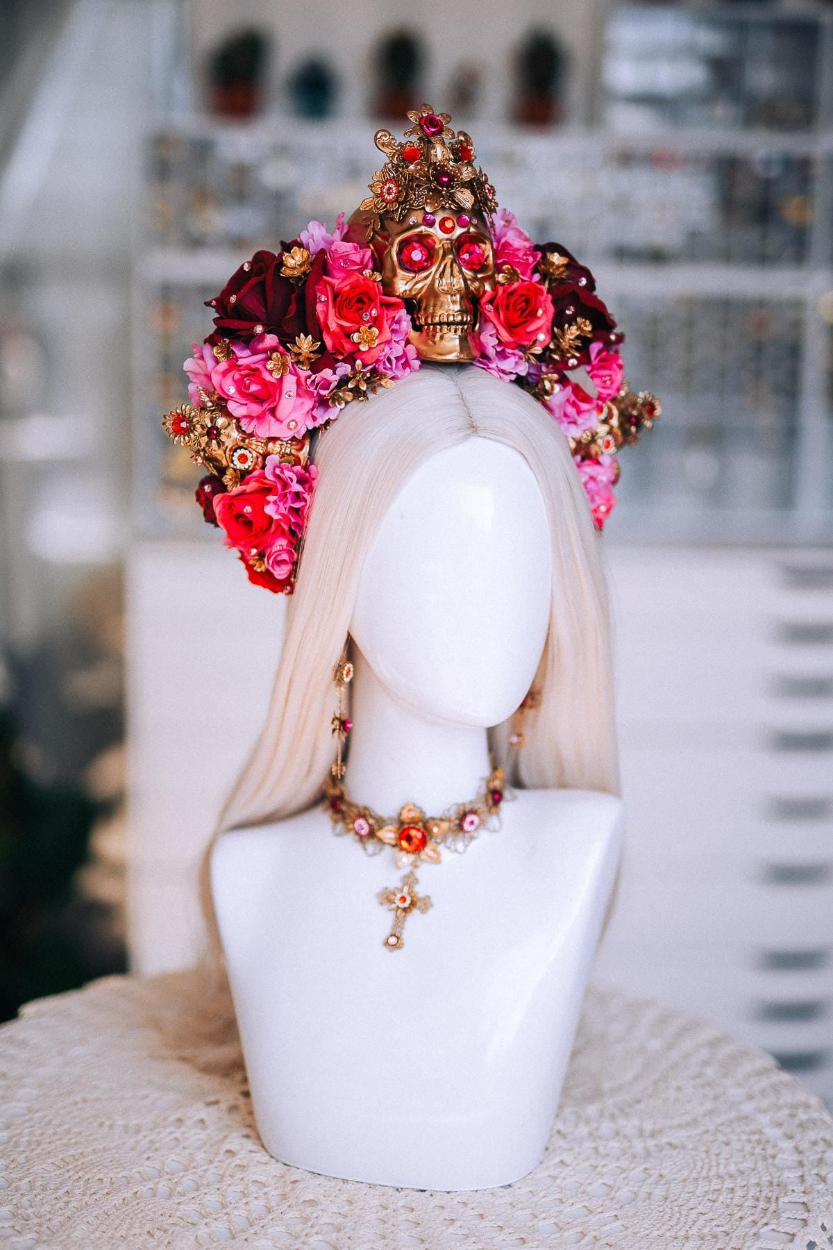 La Catrina Choker Necklace, Día de los Muertos Jewelry, Antique Gold Red Statement Choker, Sacred Heart Catrina Necklace