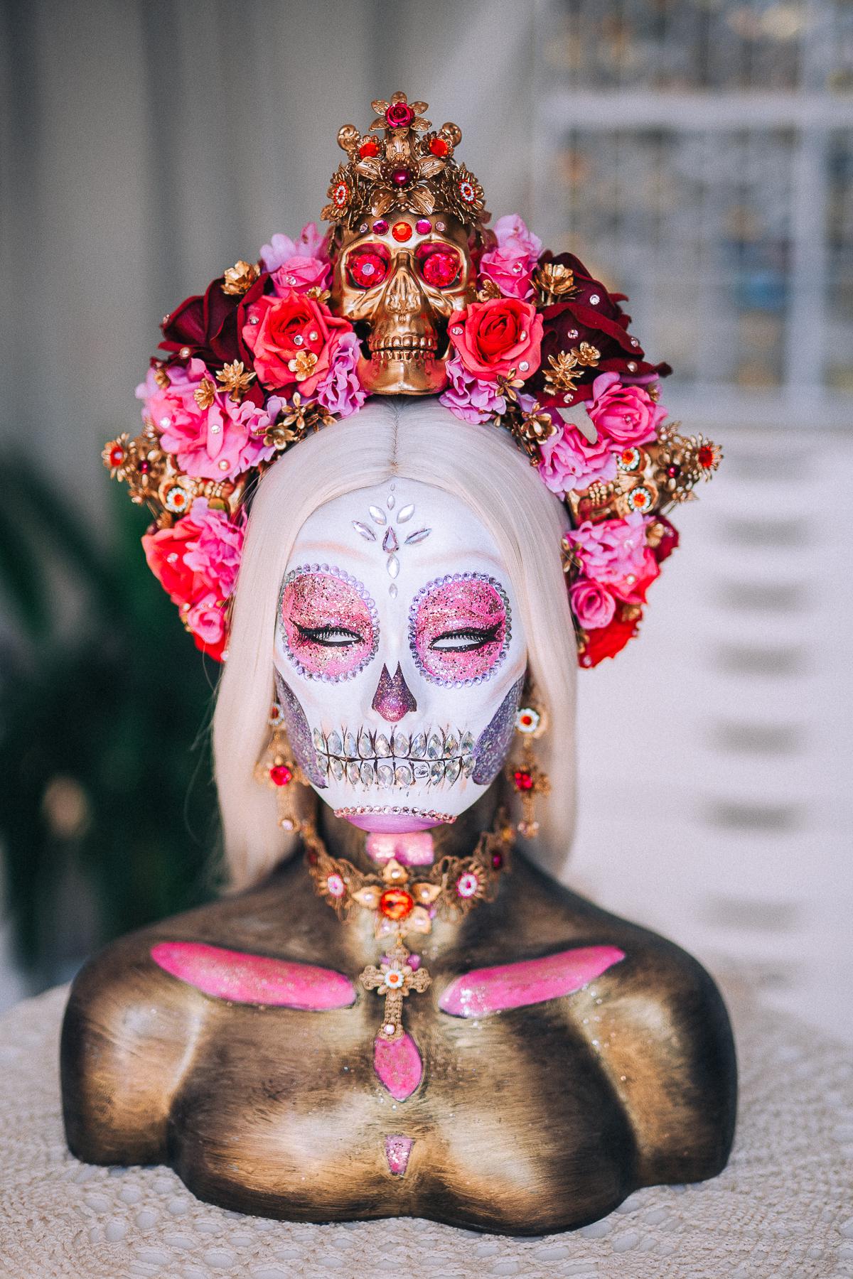 La Catrina Choker Necklace, Día de los Muertos Jewelry, Antique Gold Red Statement Choker, Sacred Heart Catrina Necklace