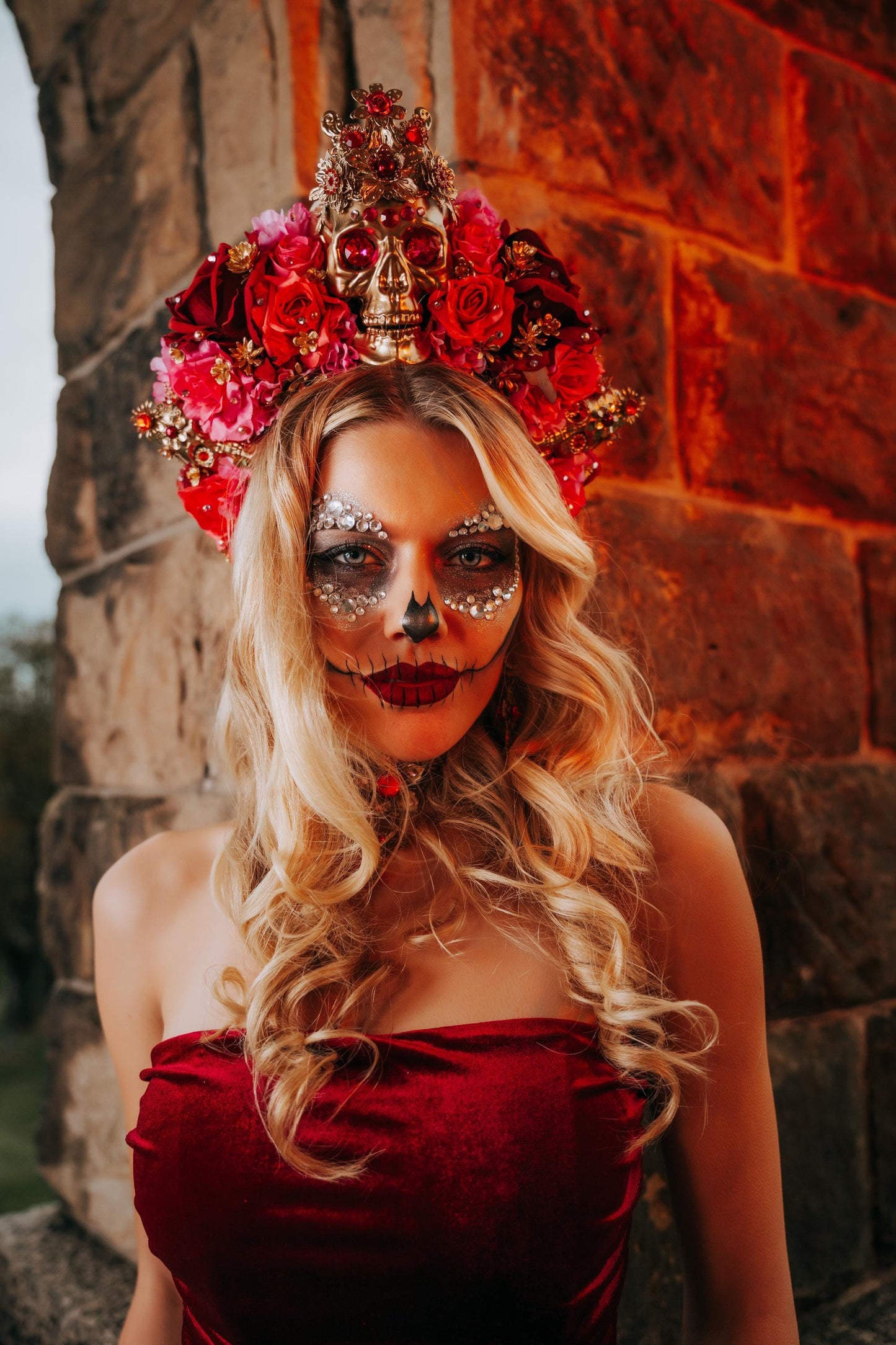 La Catrina Skull Crown, Día de los Muertos Floral Headpiece, Red Pink Gold Flower Crown, Catrina Headdress