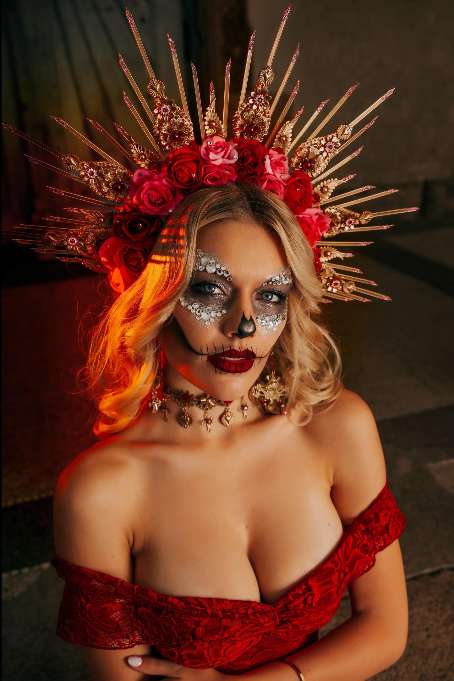 La Catrina Statement Earrings, Día de los Muertos Jewelry, Antique Gold Red Heart Earrings, Catrina Accessories
