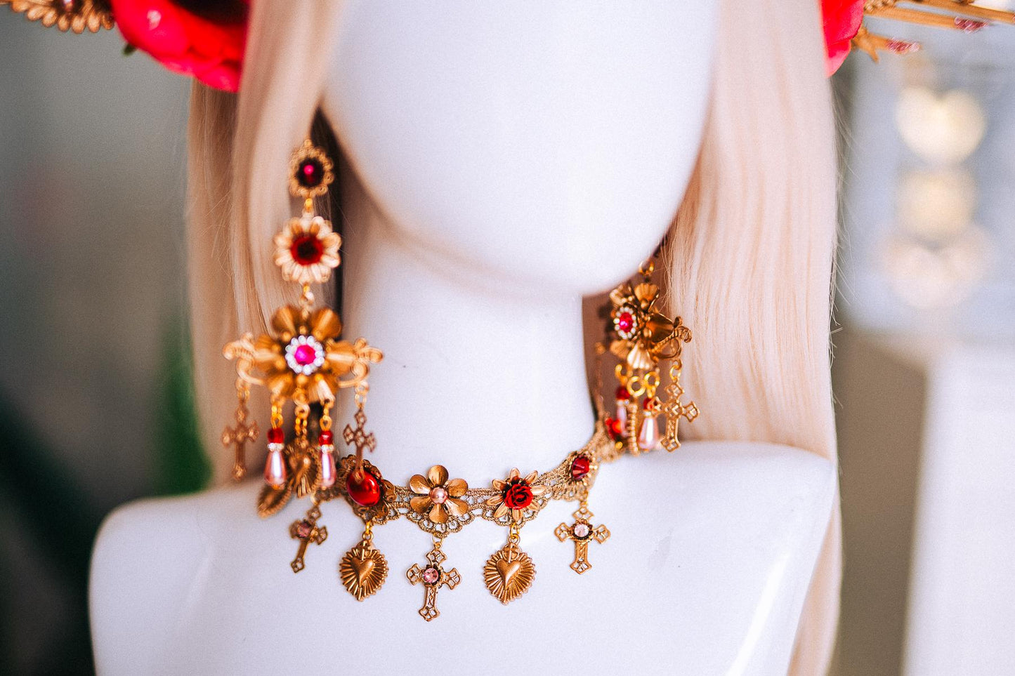 La Catrina Statement Earrings, Día de los Muertos Jewelry, Antique Gold Red Heart Earrings, Catrina Accessories