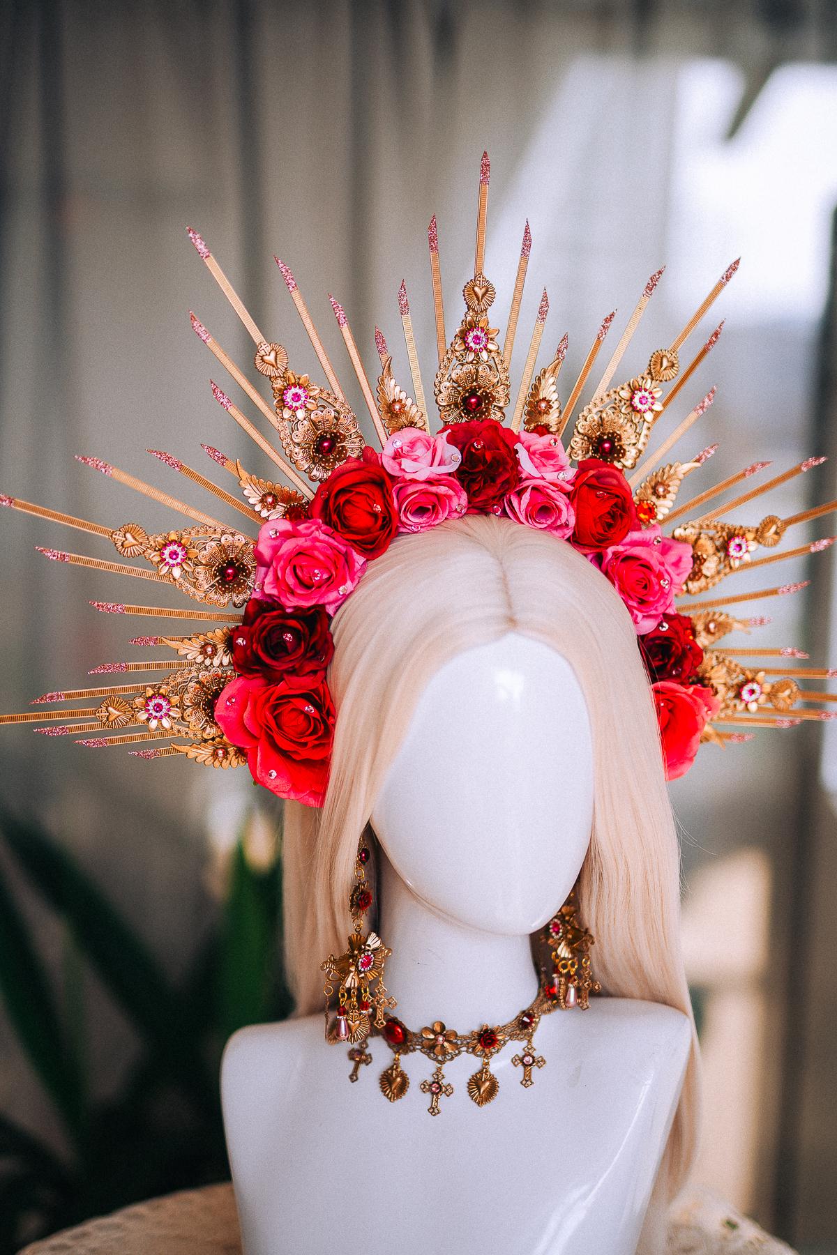 La Catrina Statement Earrings, Día de los Muertos Jewelry, Antique Gold Red Heart Earrings, Catrina Accessories
