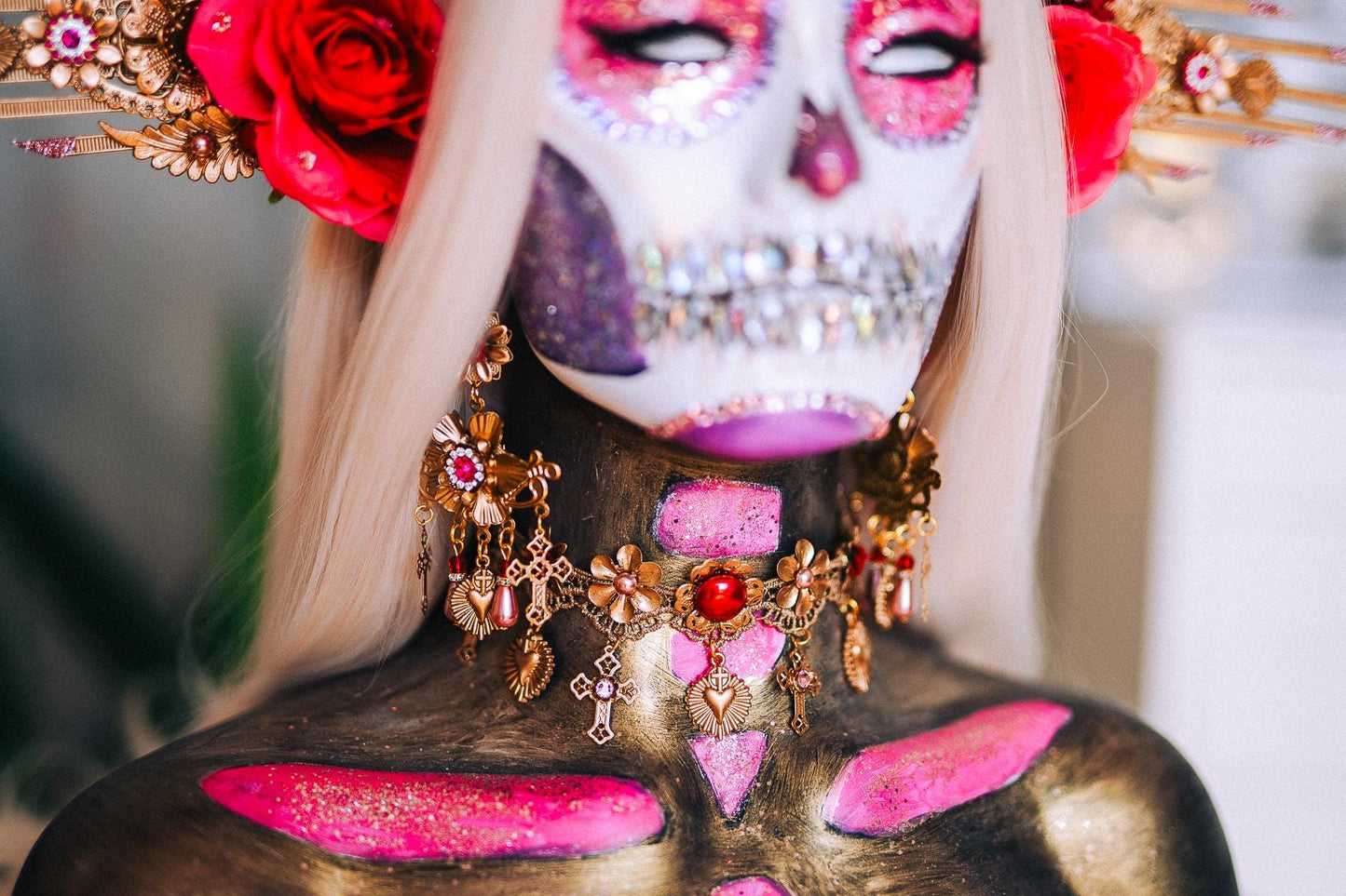 La Catrina Choker Necklace, Día de los Muertos Jewelry, Antique Gold Sacred Heart Choker, Red Catrina Necklace