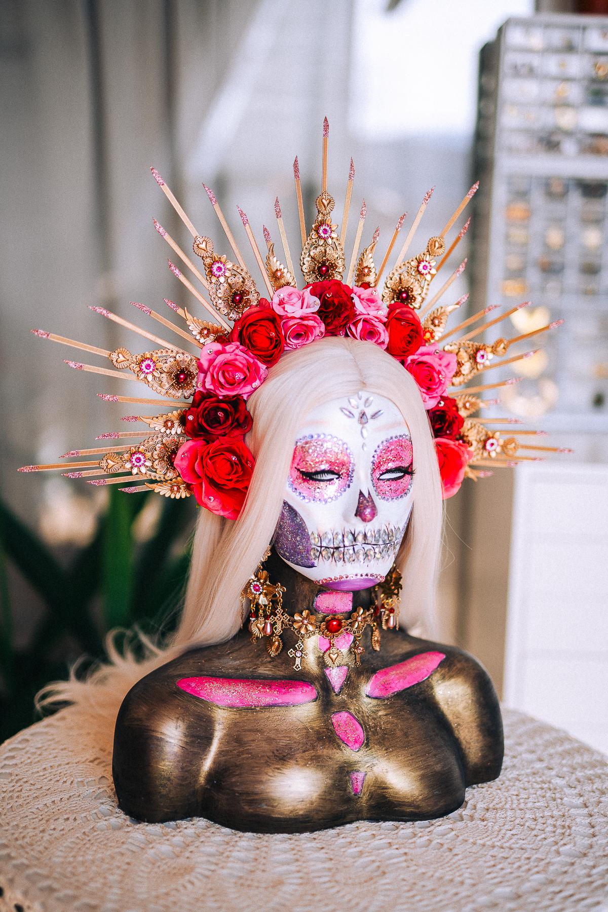 La Catrina Choker Necklace, Día de los Muertos Jewelry, Antique Gold Sacred Heart Choker, Red Catrina Necklace