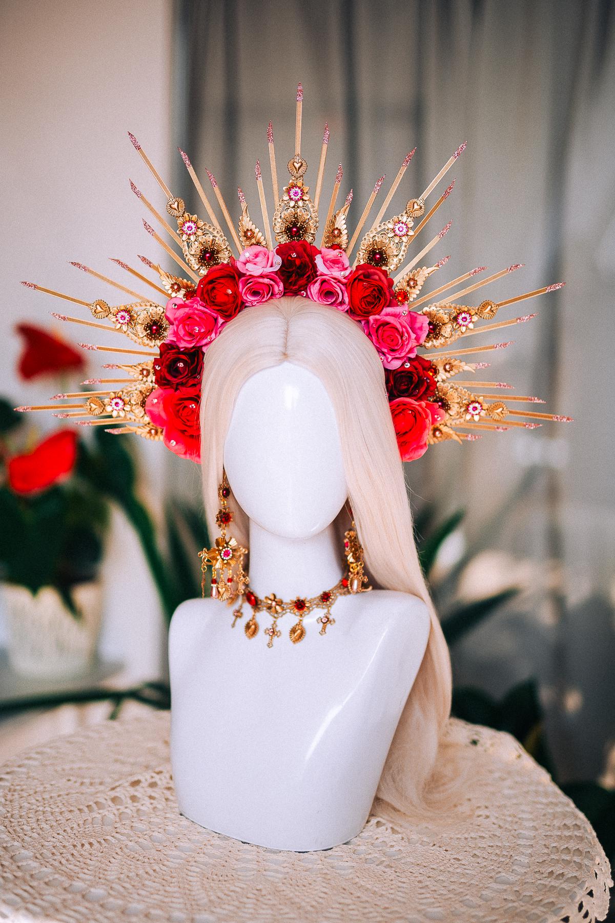 La Catrina Halo Crown, Día de los Muertos Headpiece, Red Rose Gold Sunburst Crown, Catrina Floral Headdress