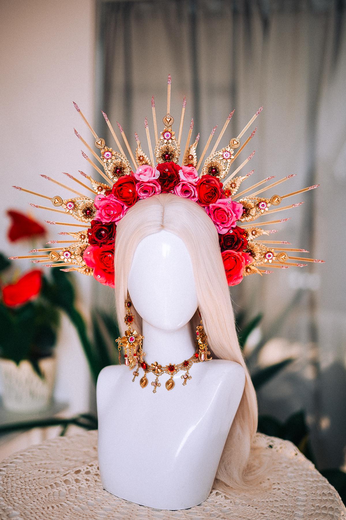 La Catrina Halo Crown, Día de los Muertos Headpiece, Red Rose Gold Sunburst Crown, Catrina Floral Headdress
