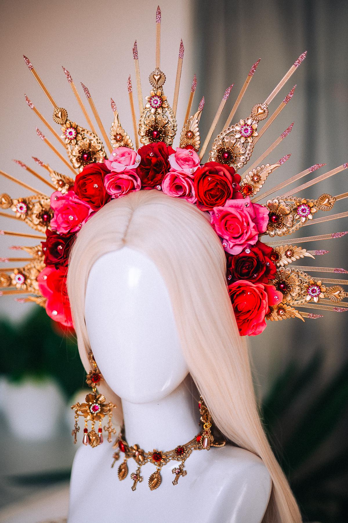 La Catrina Halo Crown, Día de los Muertos Headpiece, Red Rose Gold Sunburst Crown, Catrina Floral Headdress