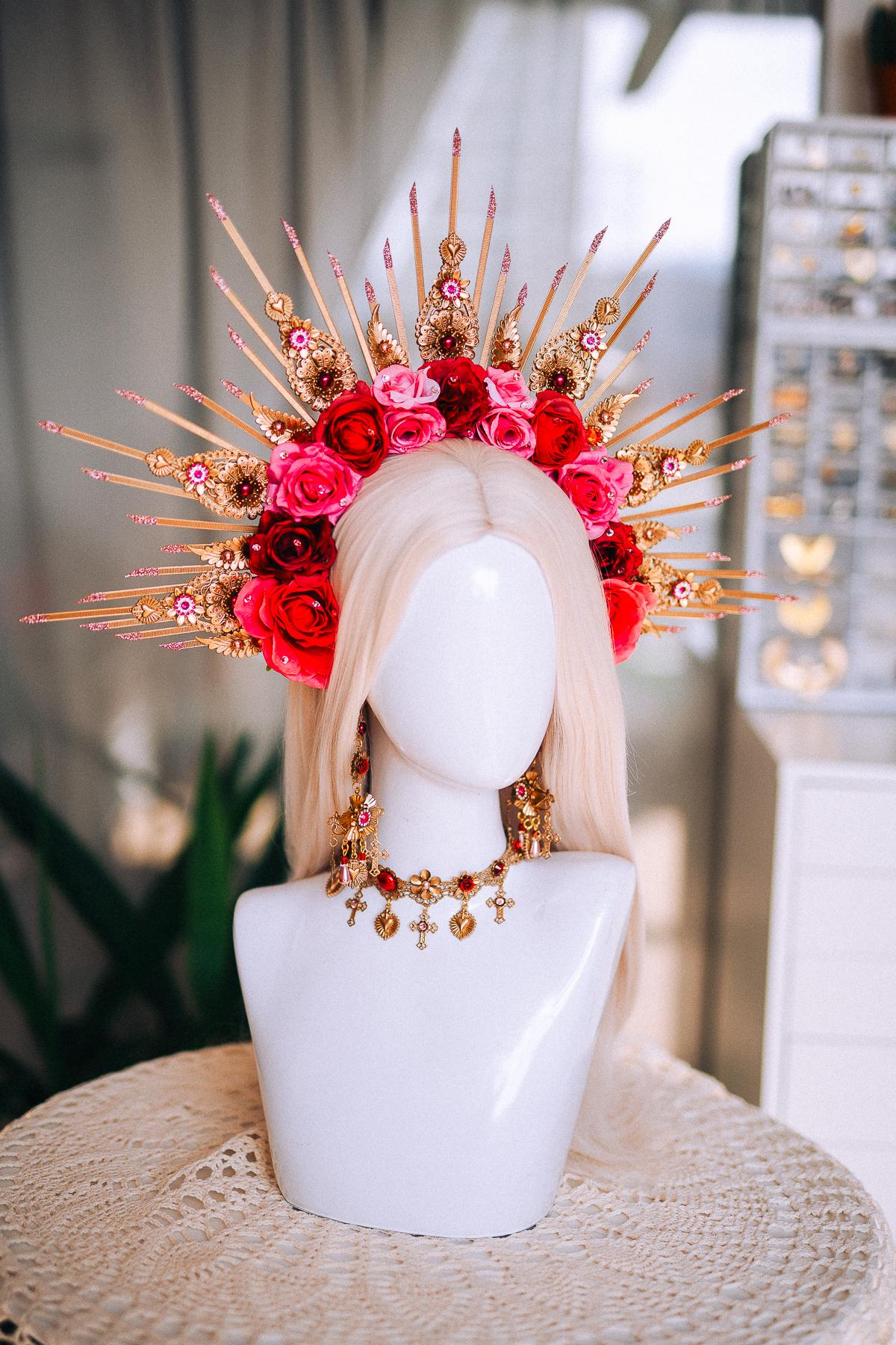 La Catrina Halo Crown, Día de los Muertos Headpiece, Red Rose Gold Sunburst Crown, Catrina Floral Headdress