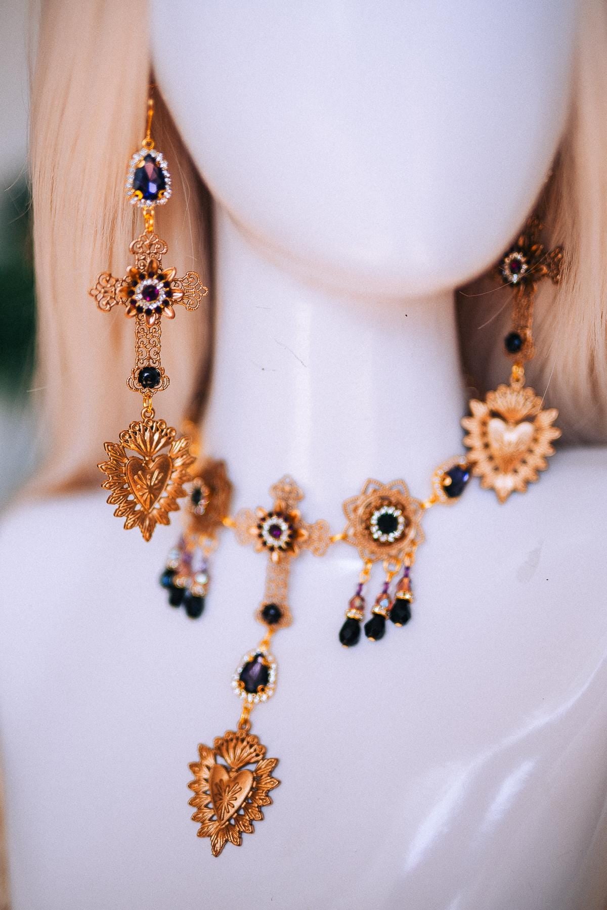 La Catrina Statement Earrings, Día de los Muertos Jewelry, Antique Gold Sacred Heart Earrings, Black Catrina Jewelry