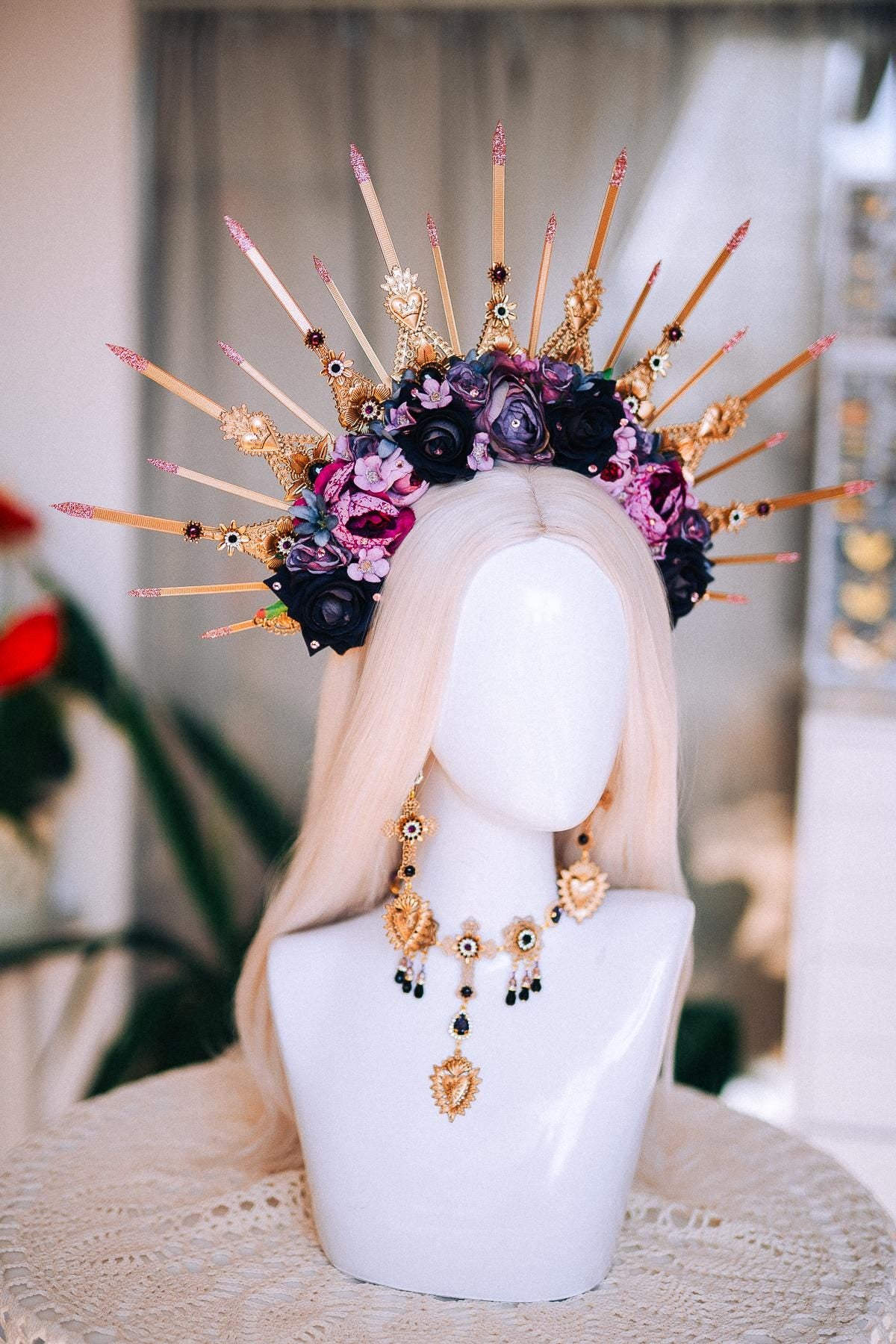 La Catrina Statement Earrings, Día de los Muertos Jewelry, Antique Gold Sacred Heart Earrings, Black Catrina Jewelry