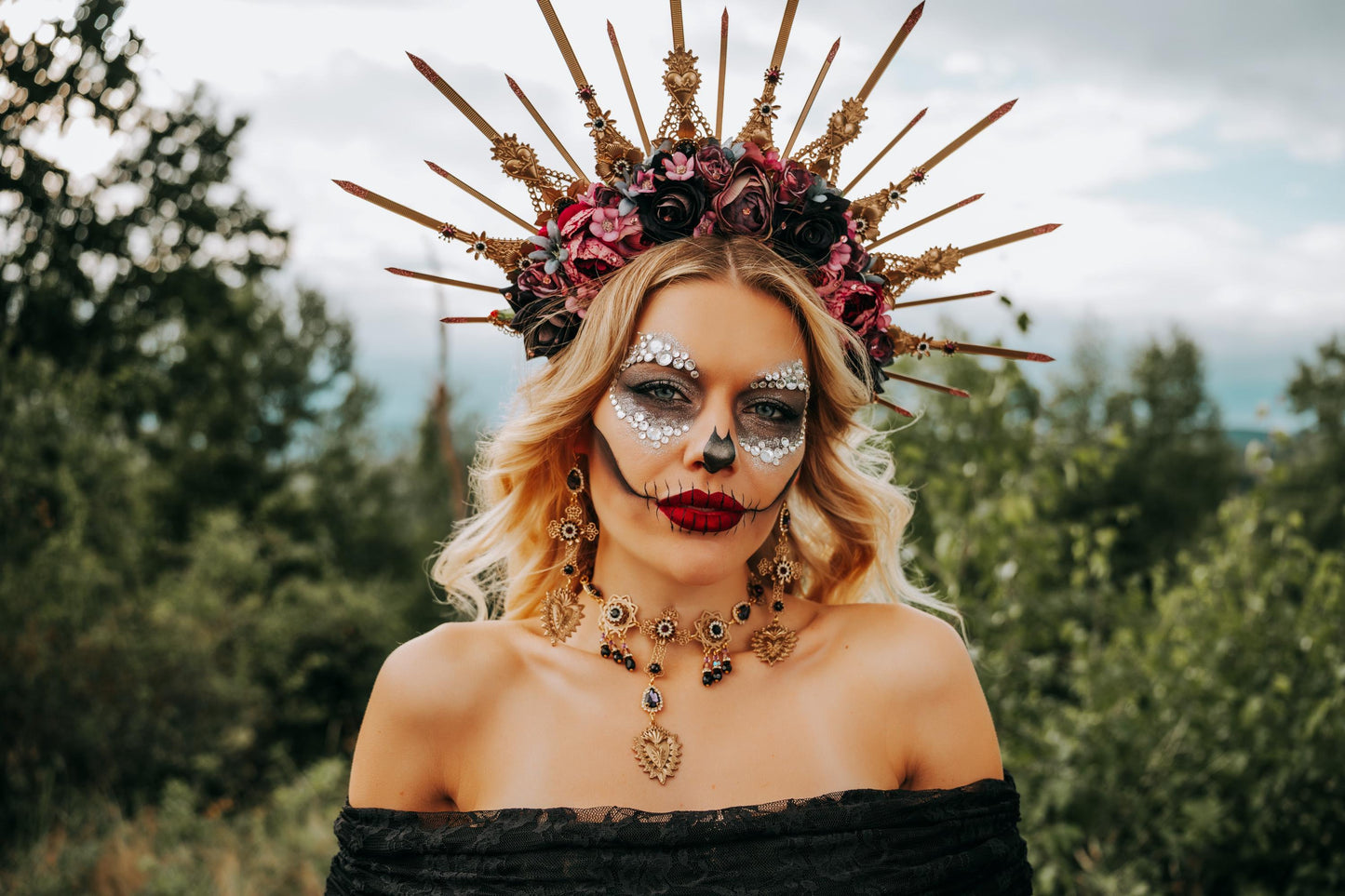 La Catrina Sacred Heart Choker, Día de los Muertos Necklace, Antique Gold Black Statement Jewelry, Catrina Necklace