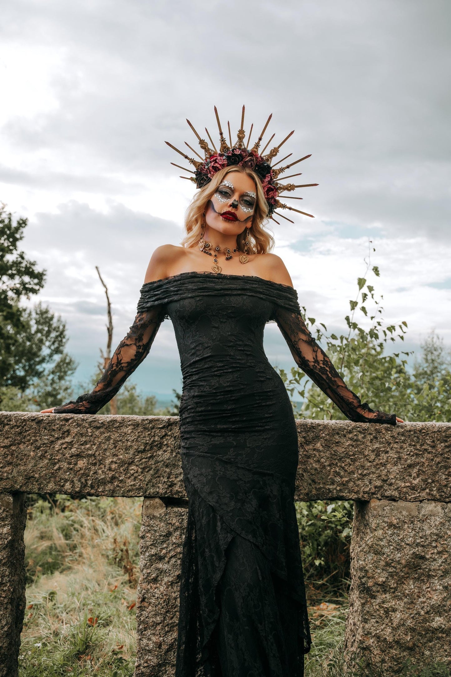 La Catrina Sacred Heart Choker, Día de los Muertos Necklace, Antique Gold Black Statement Jewelry, Catrina Necklace