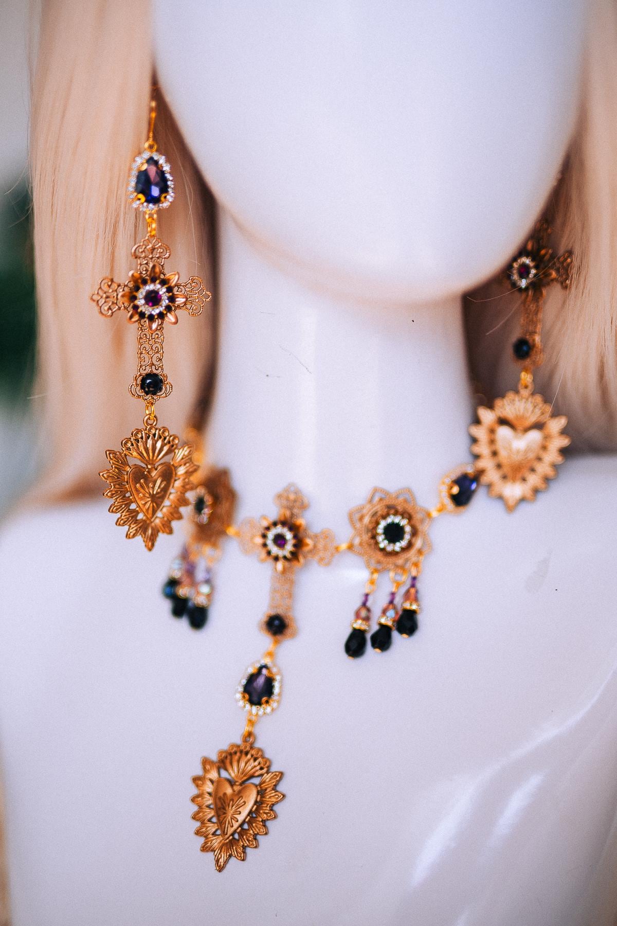 La Catrina Sacred Heart Choker, Día de los Muertos Necklace, Antique Gold Black Statement Jewelry, Catrina Necklace